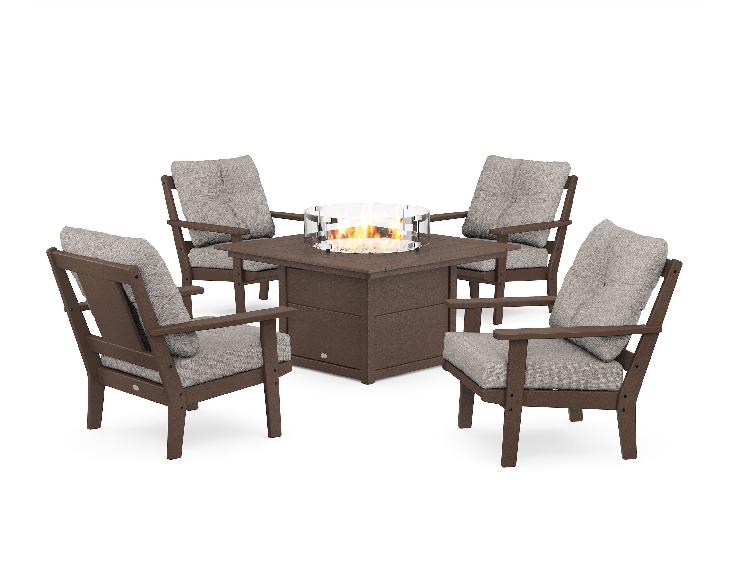 Prairie 5-Piece Deep Seating Set with Fire Pit Table in Mahogany / Weathered Tweed