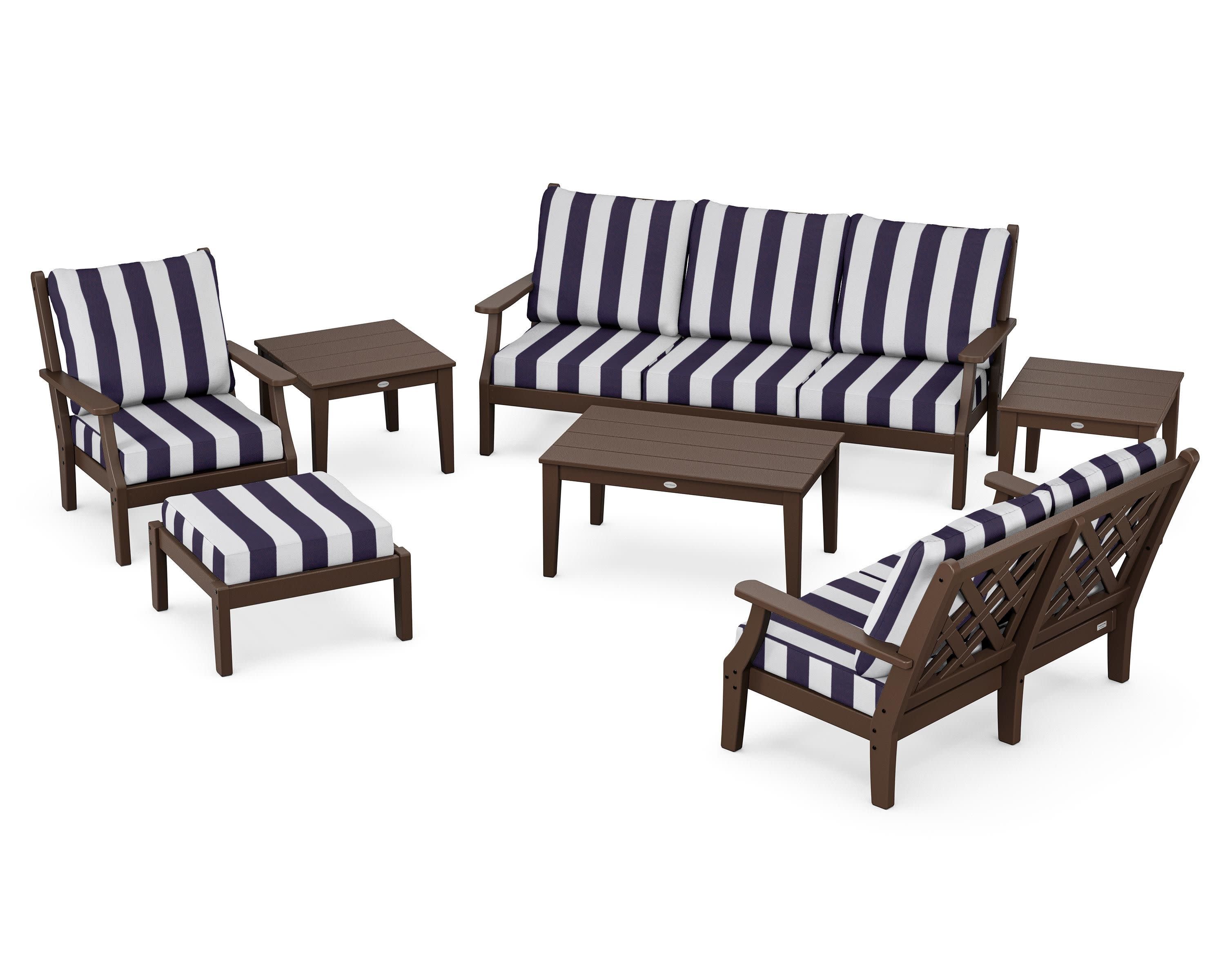 Wovendale 7-Piece Deep Seating Set in Mahogany / Cabana Stripe Navy