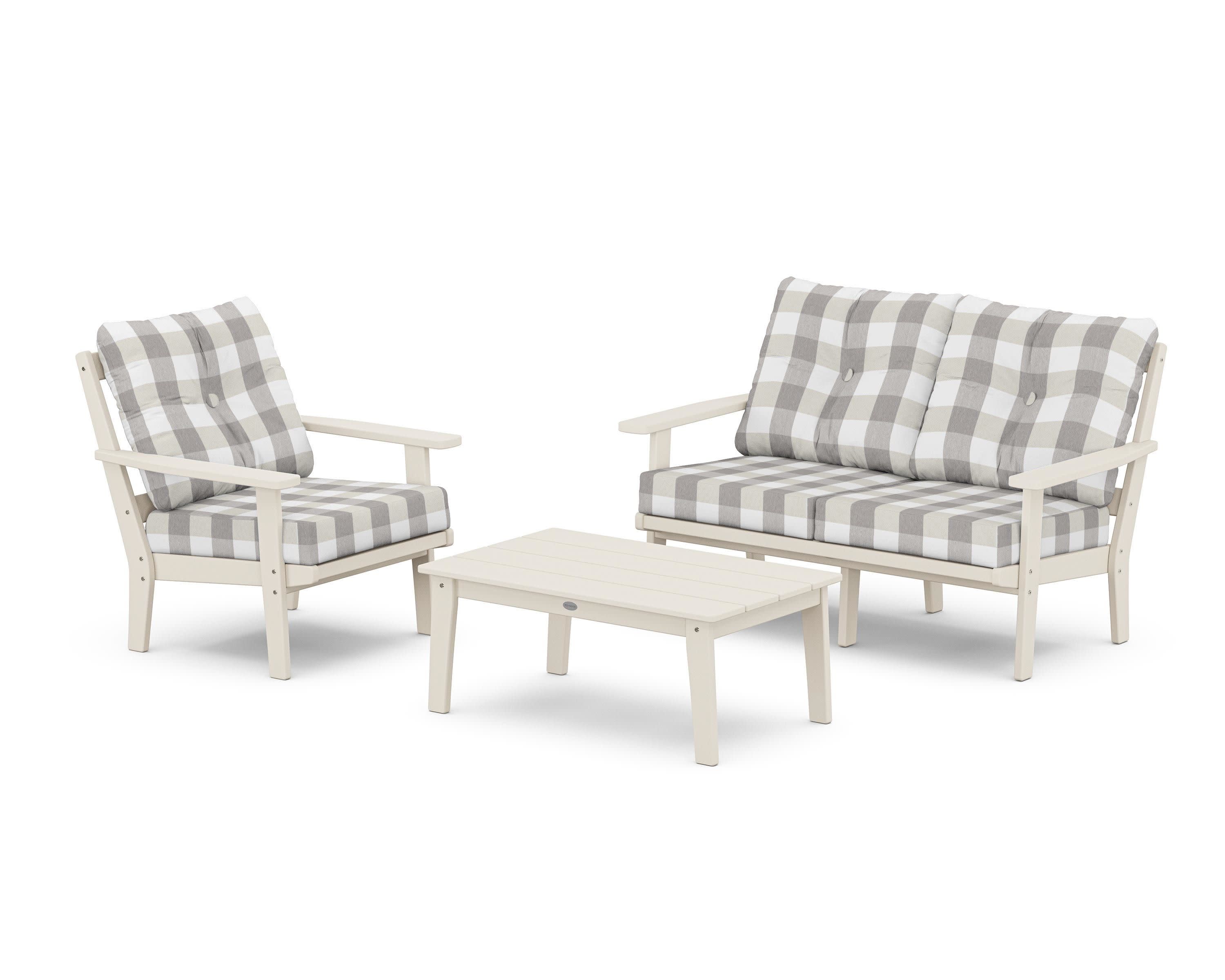 Prairie 3-Piece Deep Seating Set with Loveseat in Sand / Buffalo Plaid Grey Mist