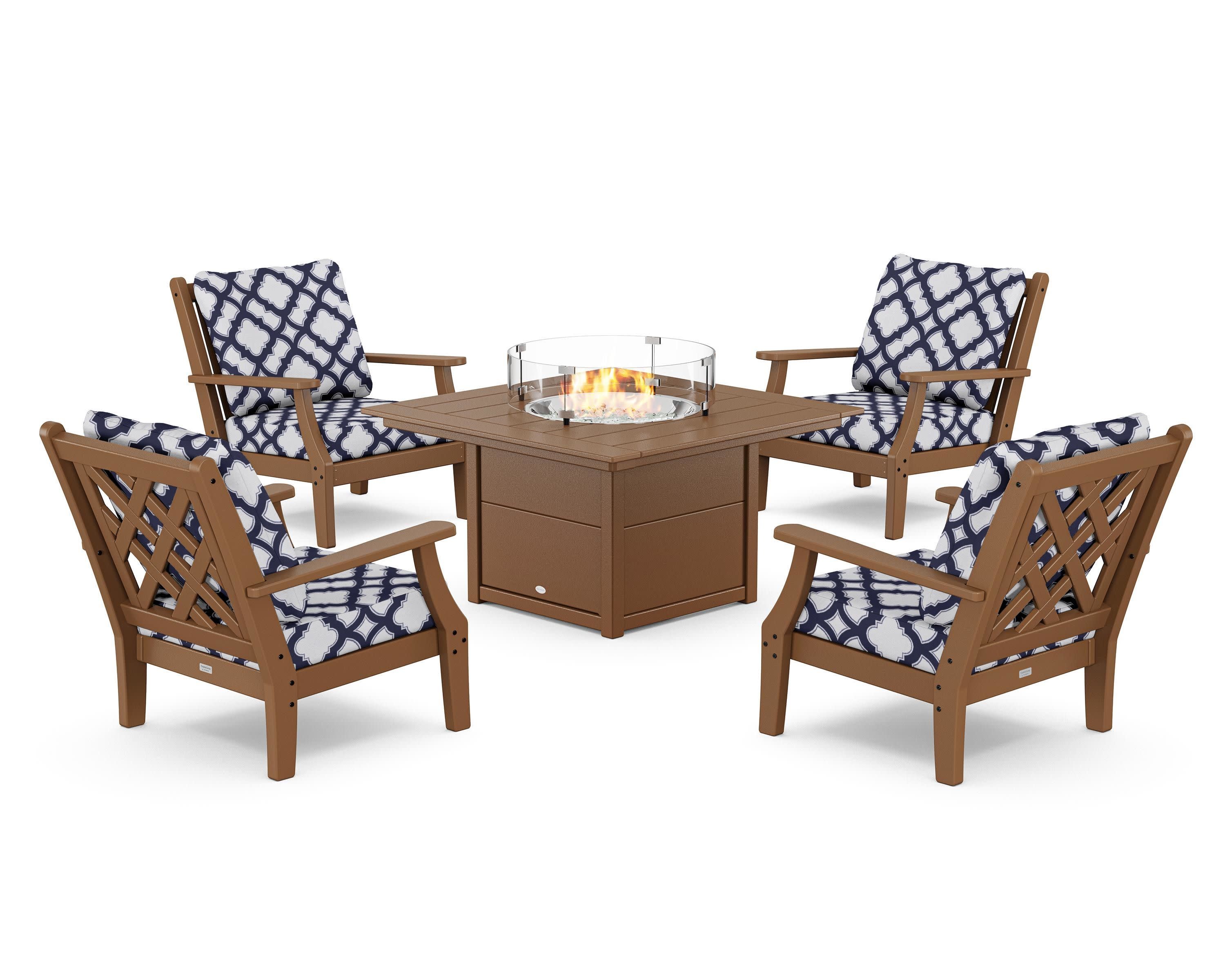 Wovendale 5-Piece Deep Seating Set with Fire Pit Table in Teak / Trellis Navy
