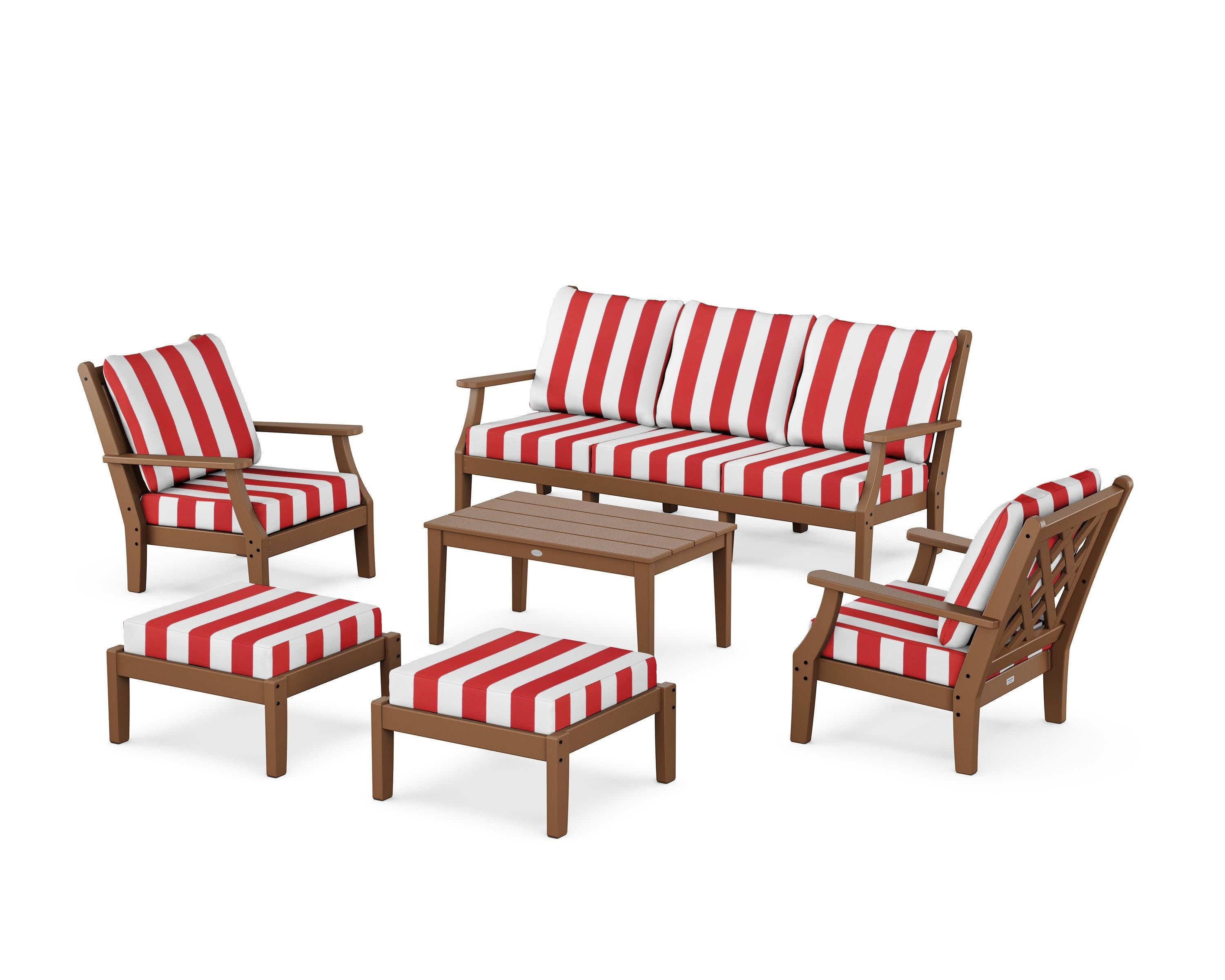 Wovendale 6-Piece Lounge Sofa Set in Teak / Cabana Stripe Crimson