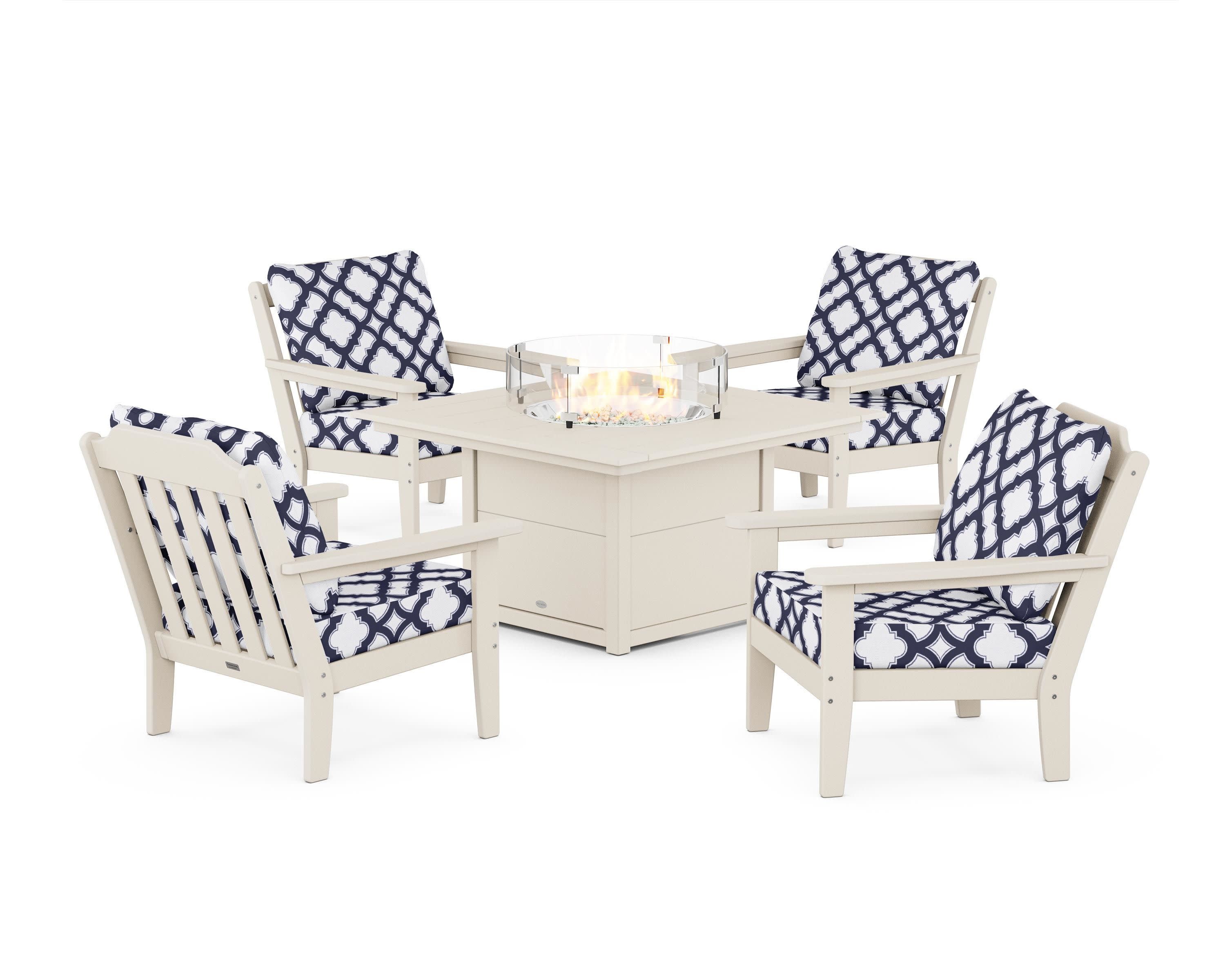 Cottage 5-Piece Deep Seating Set with Fire Pit Table in Sand / Trellis Navy