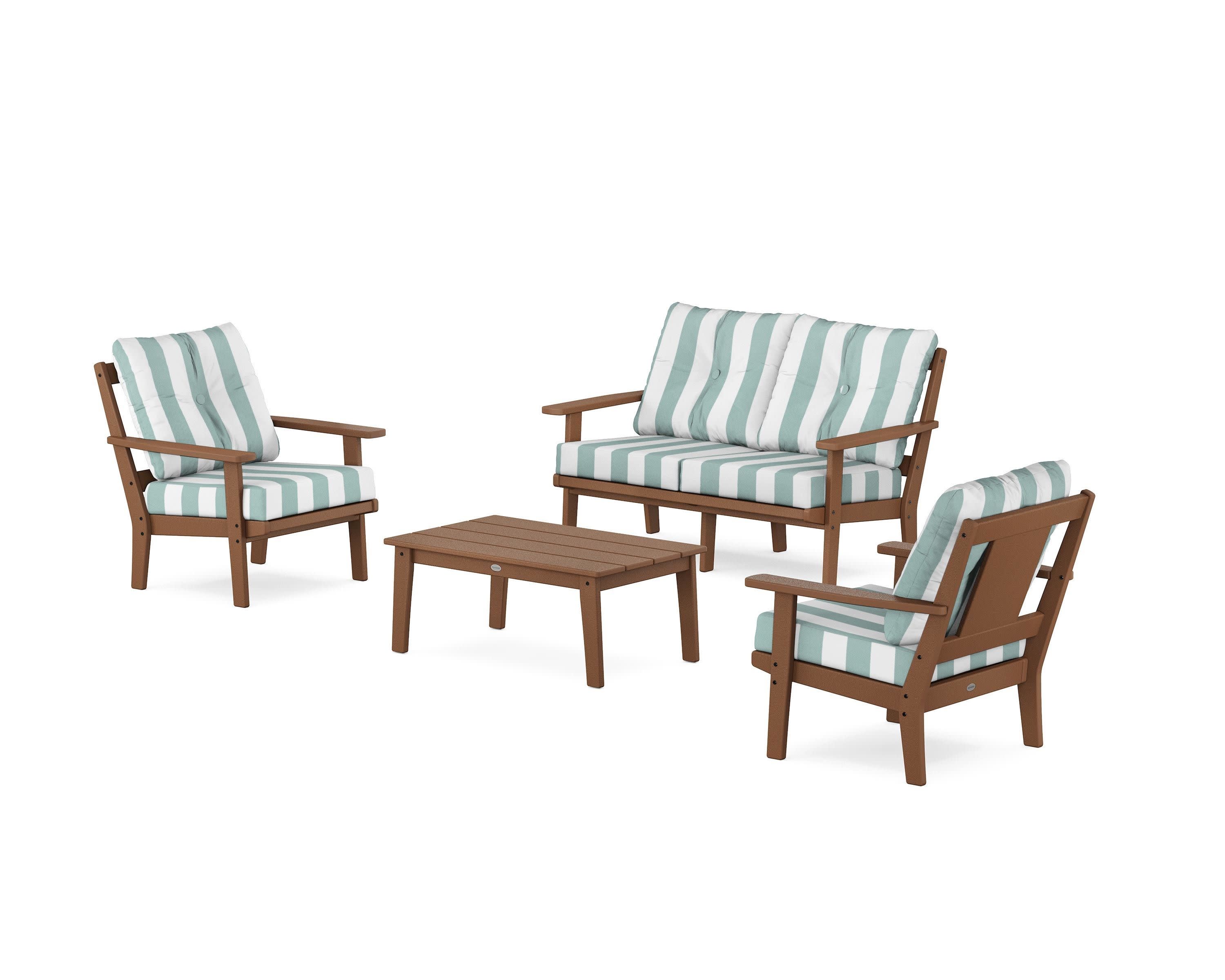 Prairie 4-Piece Deep Seating Set with Loveseat in Teak / Cabana Stripe Glacier Spa
