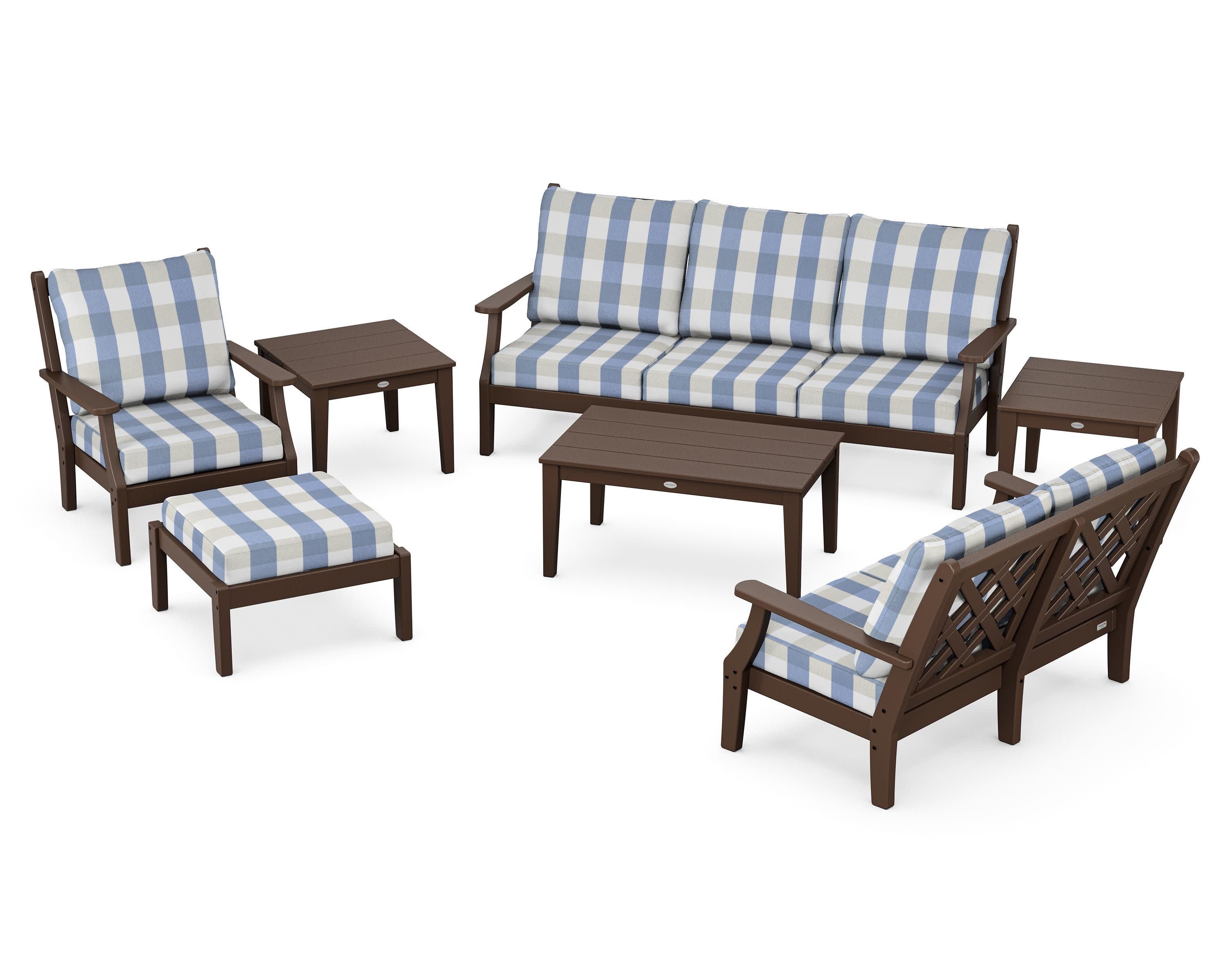 Wovendale 7-Piece Deep Seating Set in Mahogany / Buffalo Plaid Sky Blue