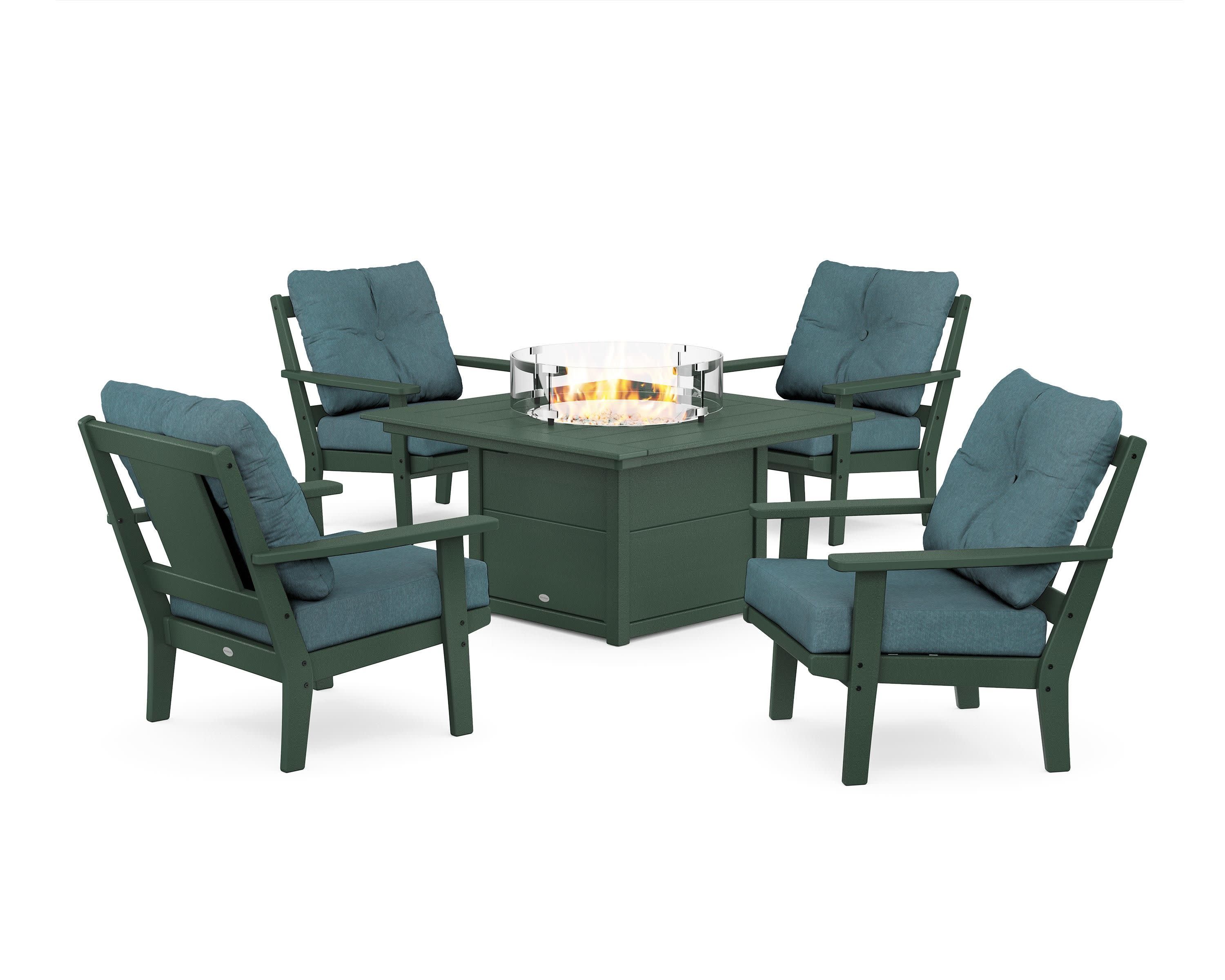 Prairie 5-Piece Deep Seating Set with Fire Pit Table in Green / Ocean Teal