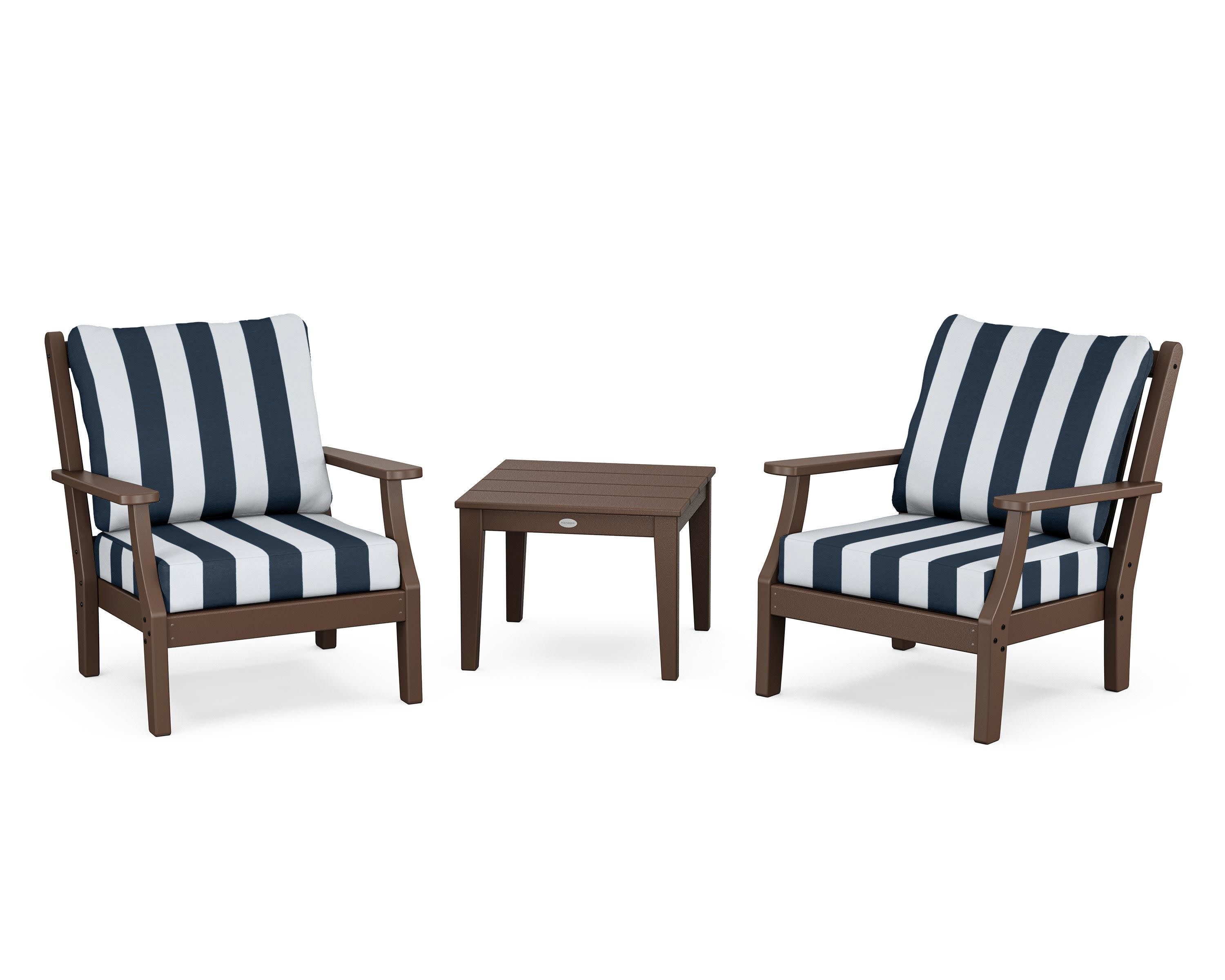 Wovendale 3-Piece Deep Seating Set in Mahogany / Cabana Stripe Marine Indigo