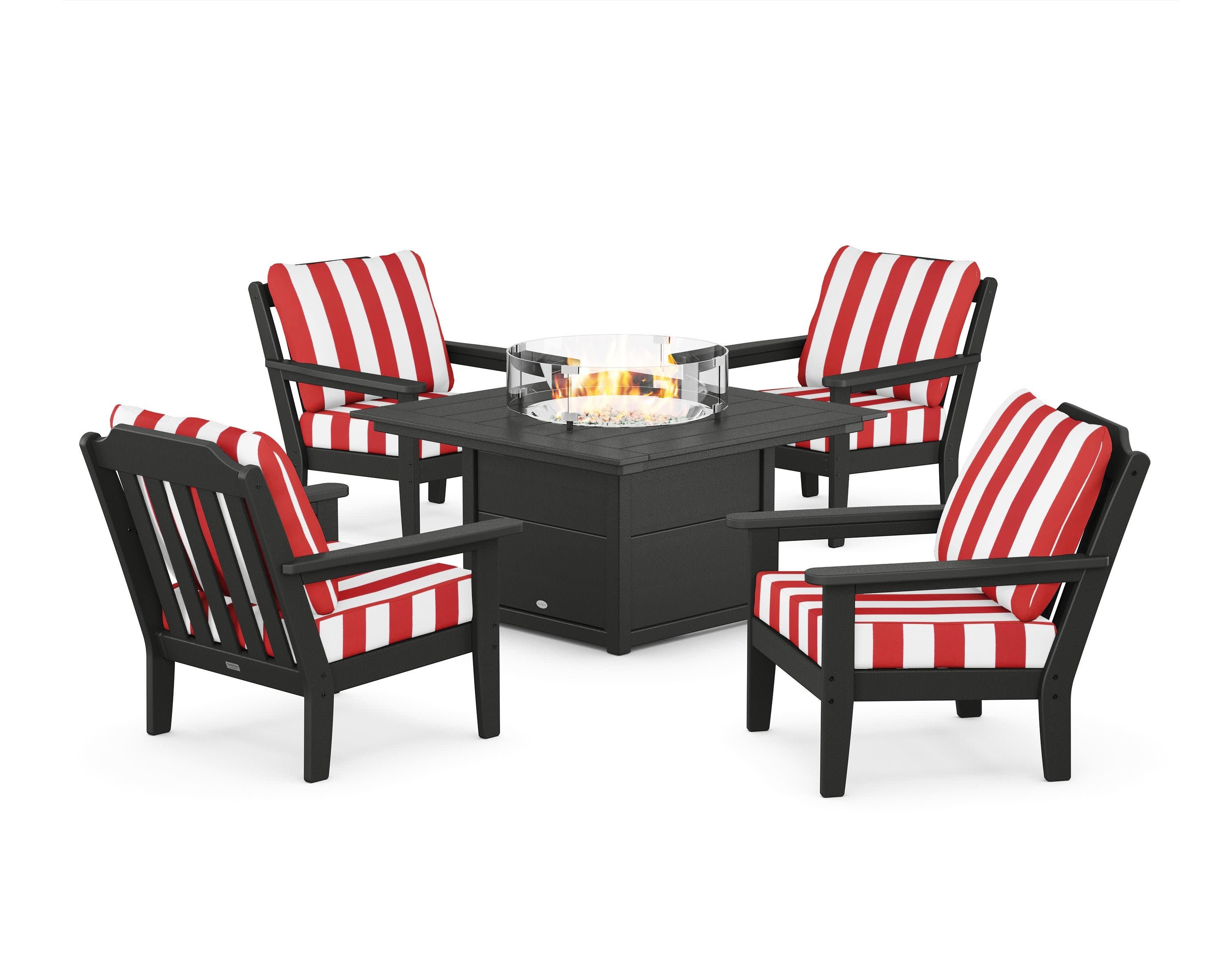 Cottage 5-Piece Deep Seating Set with Fire Pit Table in Black / Cabana Stripe Crimson