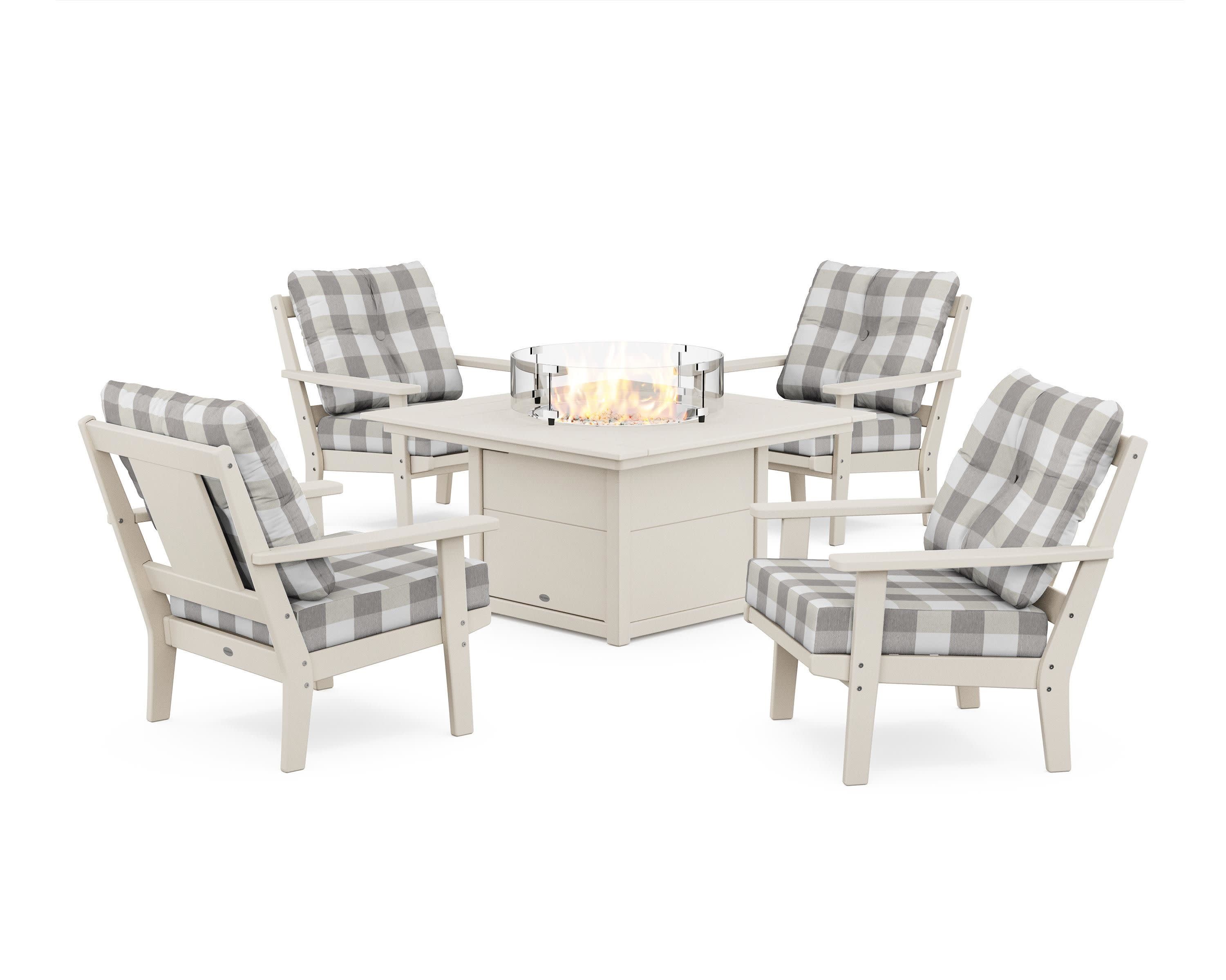 Prairie 5-Piece Deep Seating Set with Fire Pit Table in Sand / Buffalo Plaid Grey Mist