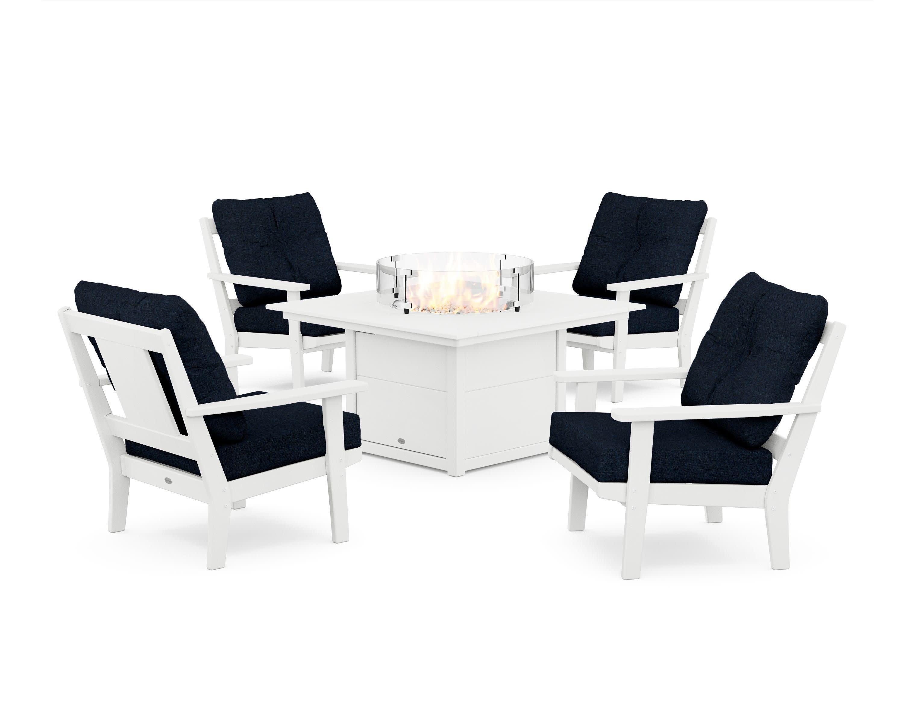 Prairie 5-Piece Deep Seating Set with Fire Pit Table in White / Marine Indigo