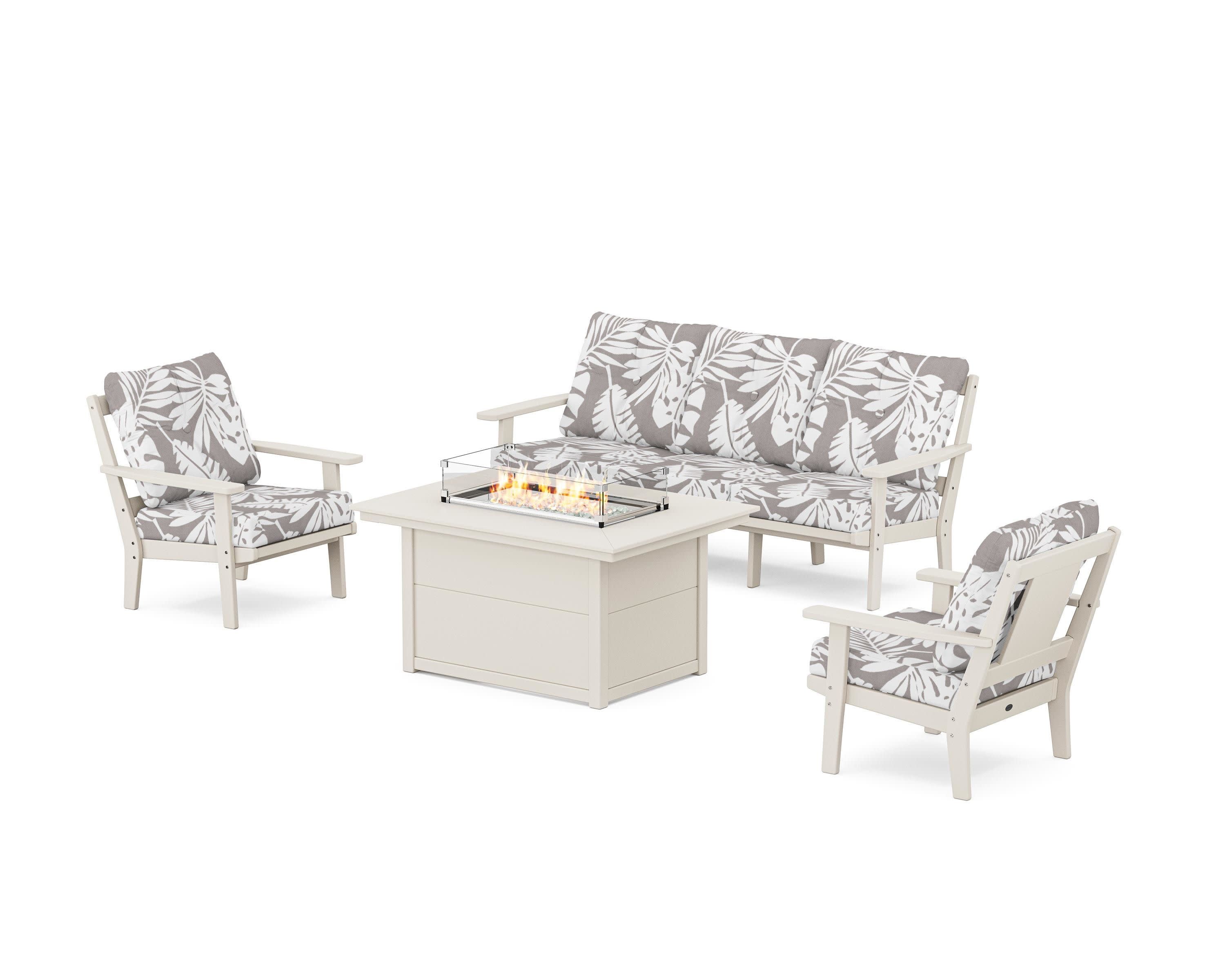 Prairie Deep Seating Fire Pit Table Set in Sand / Leaf Grey Mist