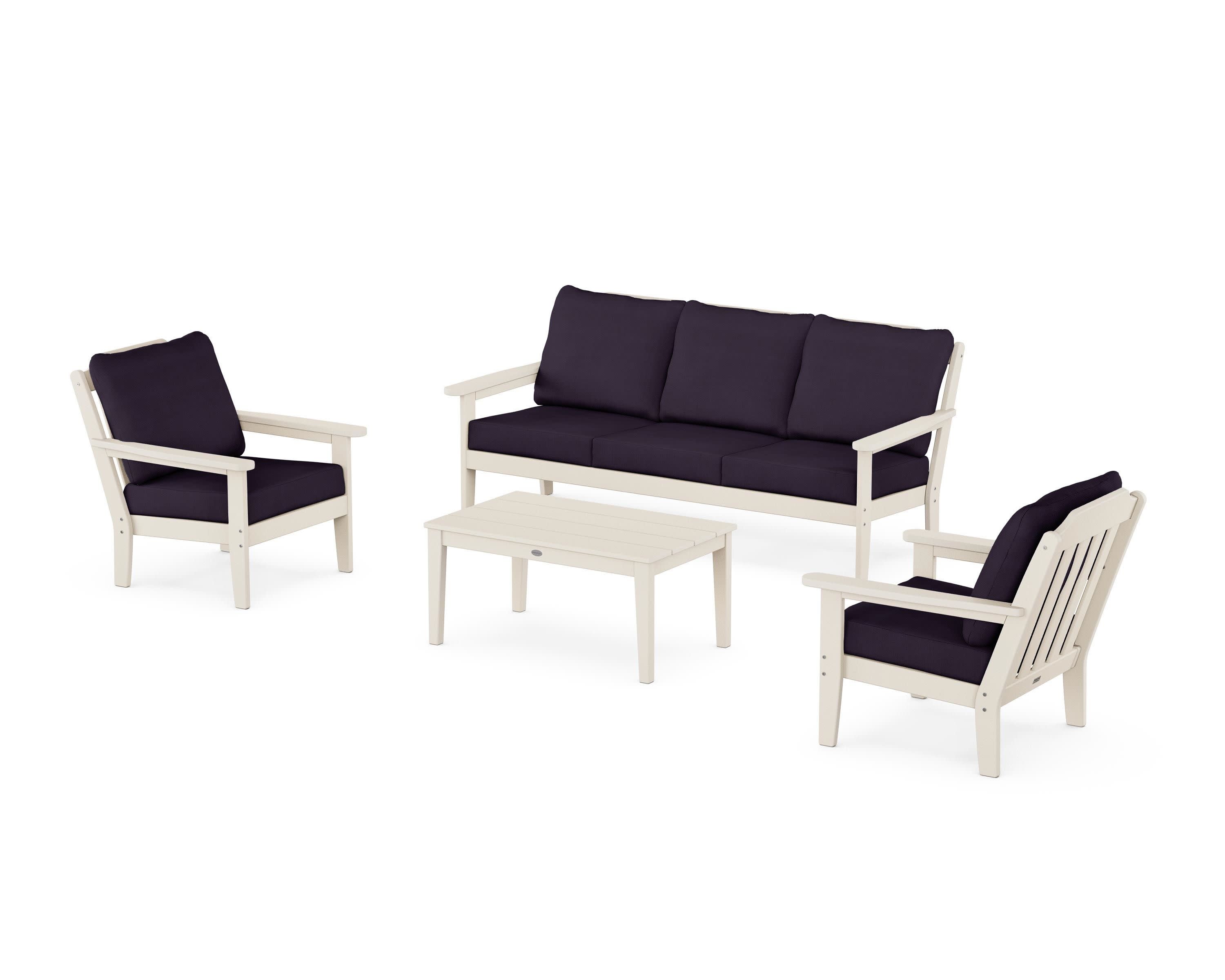 Cottage 4-Piece Deep Seating Set with Sofa in Sand / Navy Linen