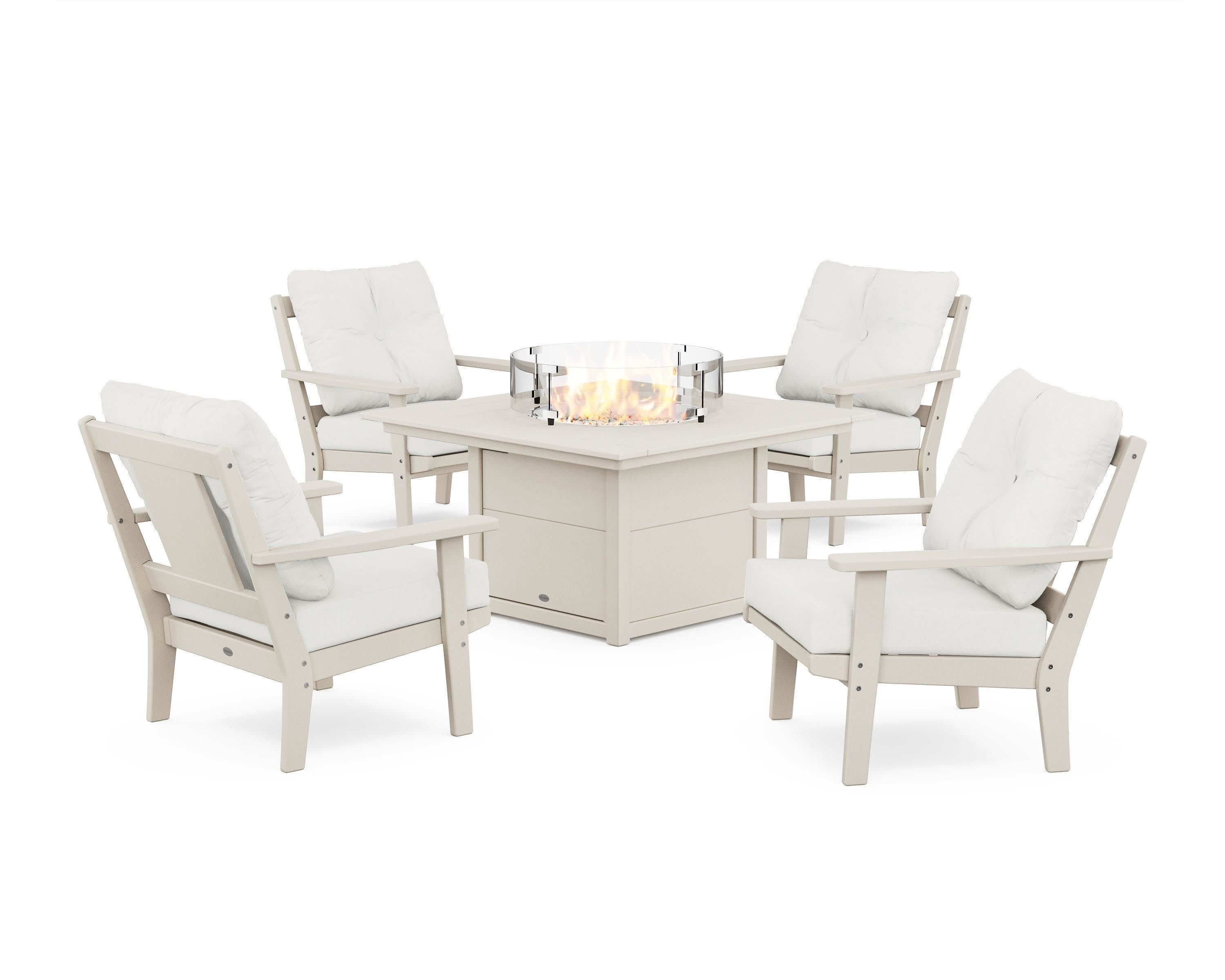 Prairie 5-Piece Deep Seating Set with Fire Pit Table in Sand / Natural Linen
