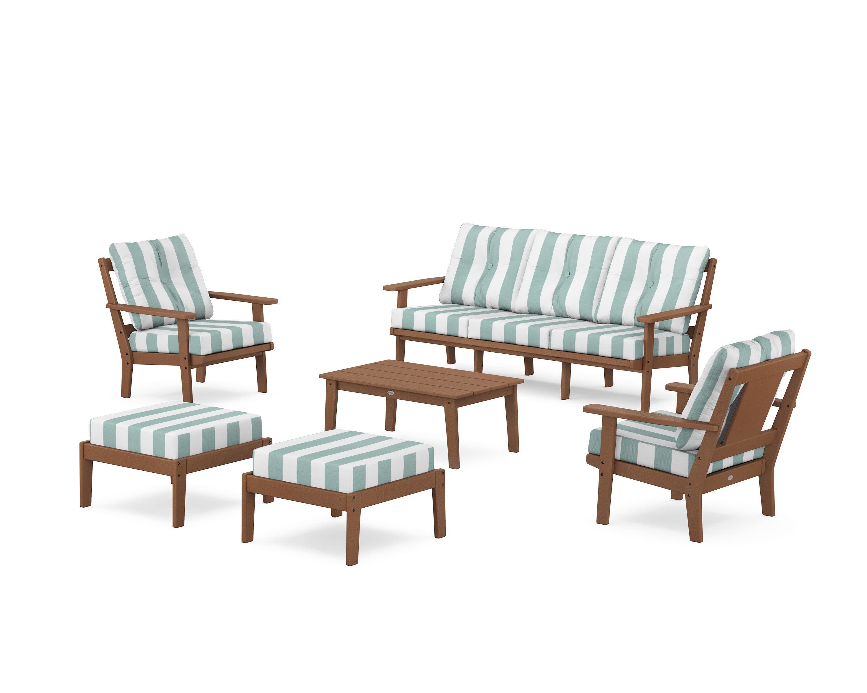 Prairie 6-Piece Lounge Sofa Set in Teak / Cabana Stripe Glacier Spa