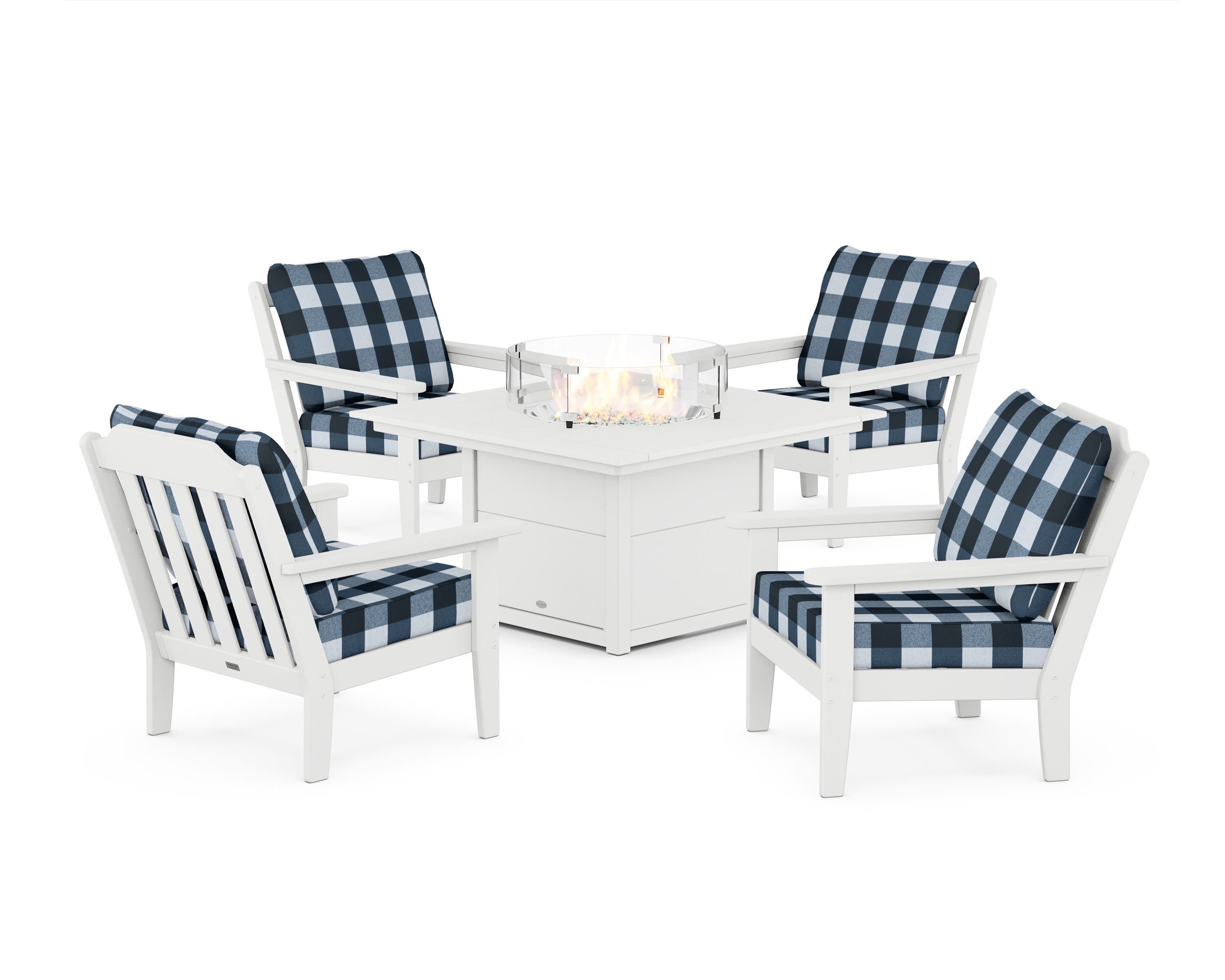 Cottage 5-Piece Deep Seating Set with Fire Pit Table in White / Buffalo Plaid Marine Indigo