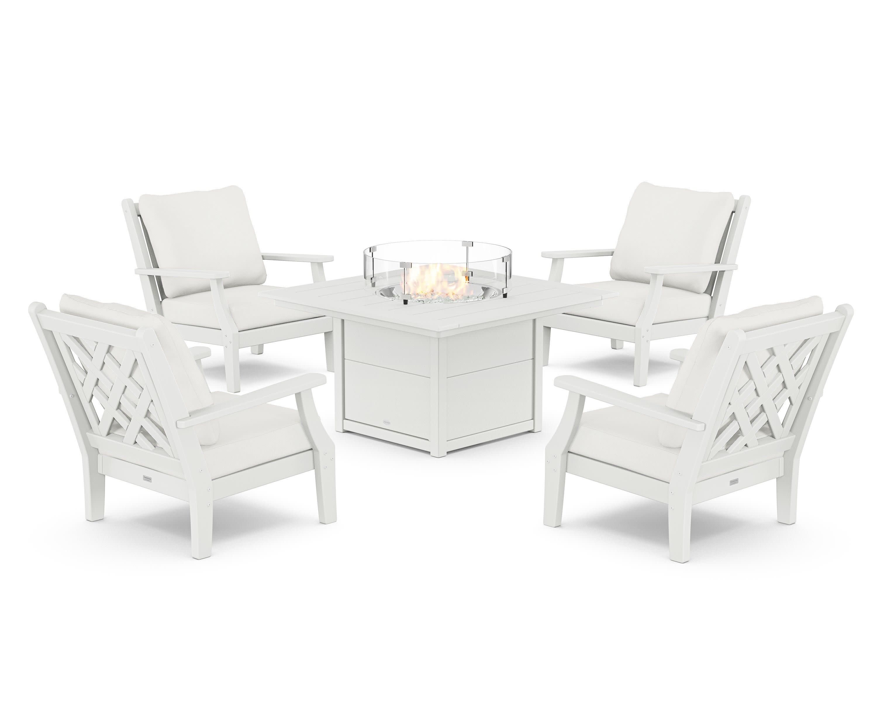 Wovendale 5-Piece Deep Seating Set with Fire Pit Table in White / Natural Linen