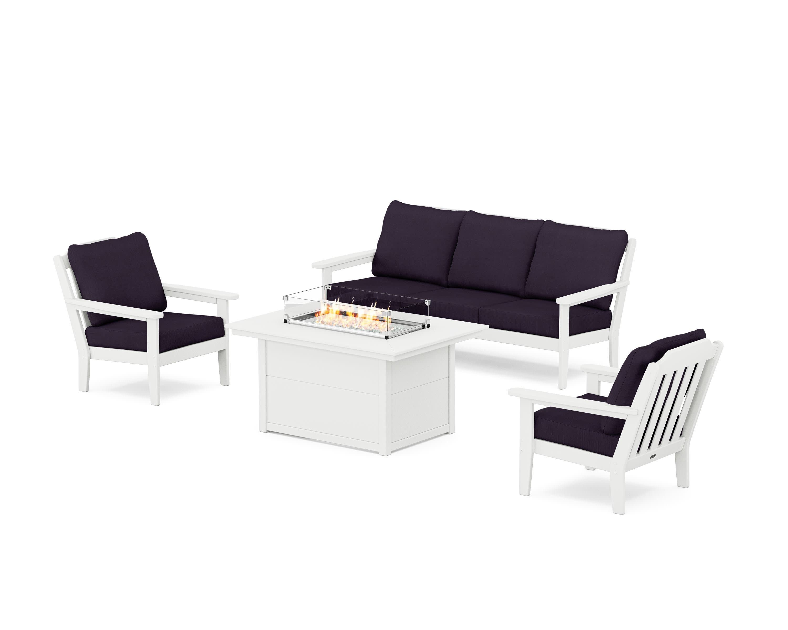 Cottage Deep Seating Fire Pit Table Set in White / Navy Linen