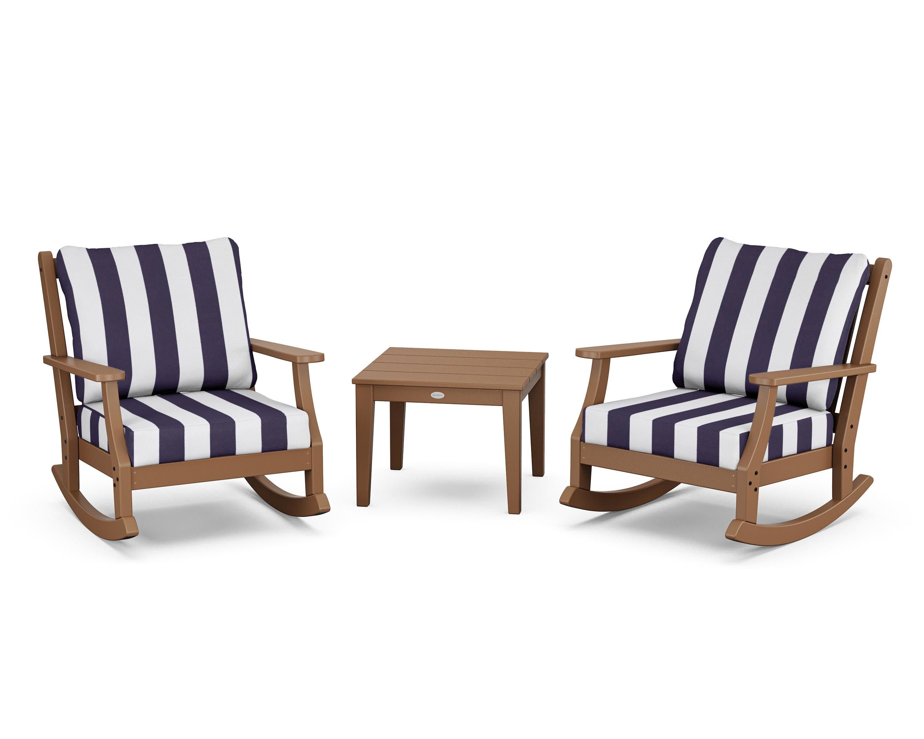 Wovendale 3-Piece Deep Seating Rocker Set in Teak / Cabana Stripe Navy