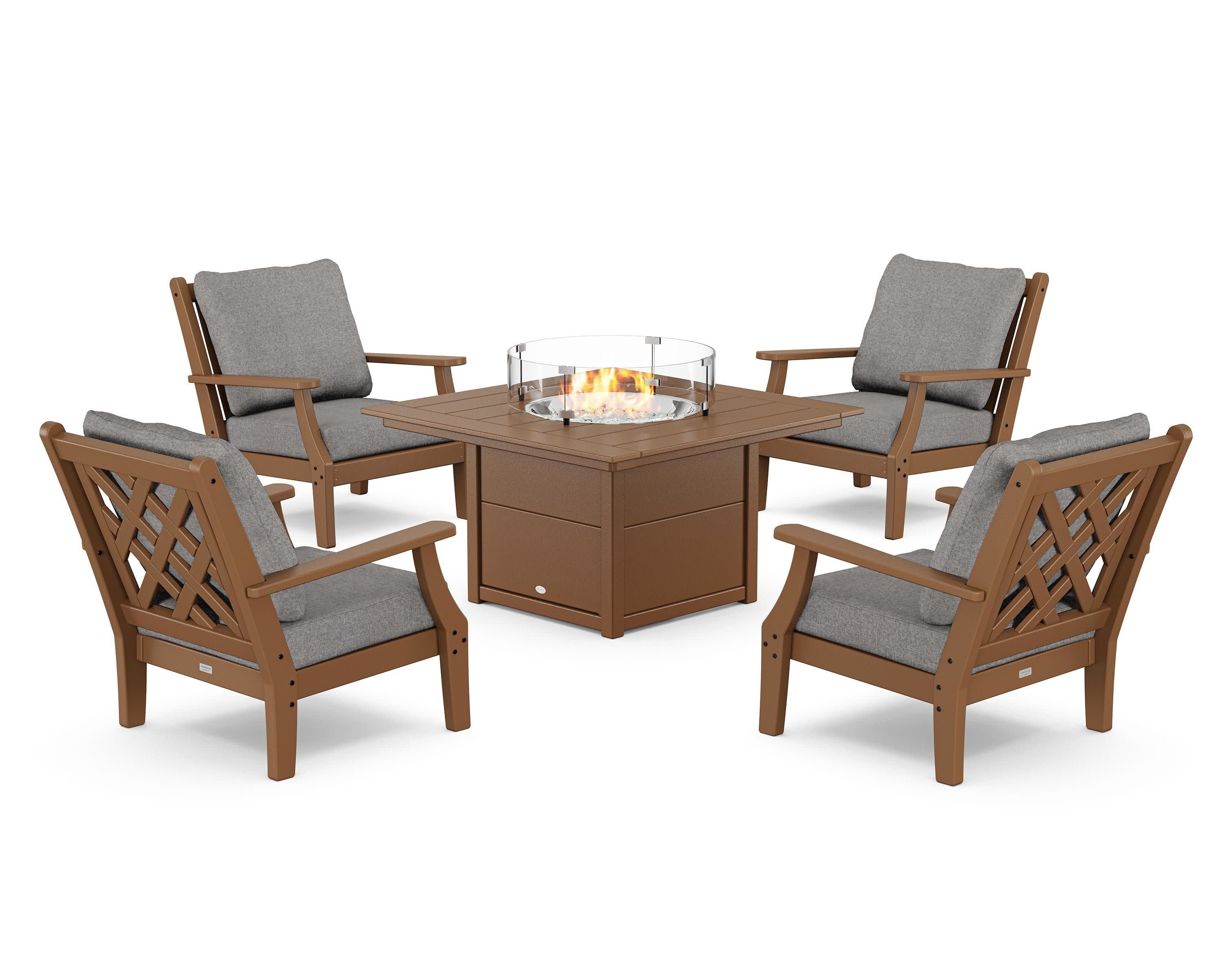 Wovendale 5-Piece Deep Seating Set with Fire Pit Table in Teak / Grey Mist