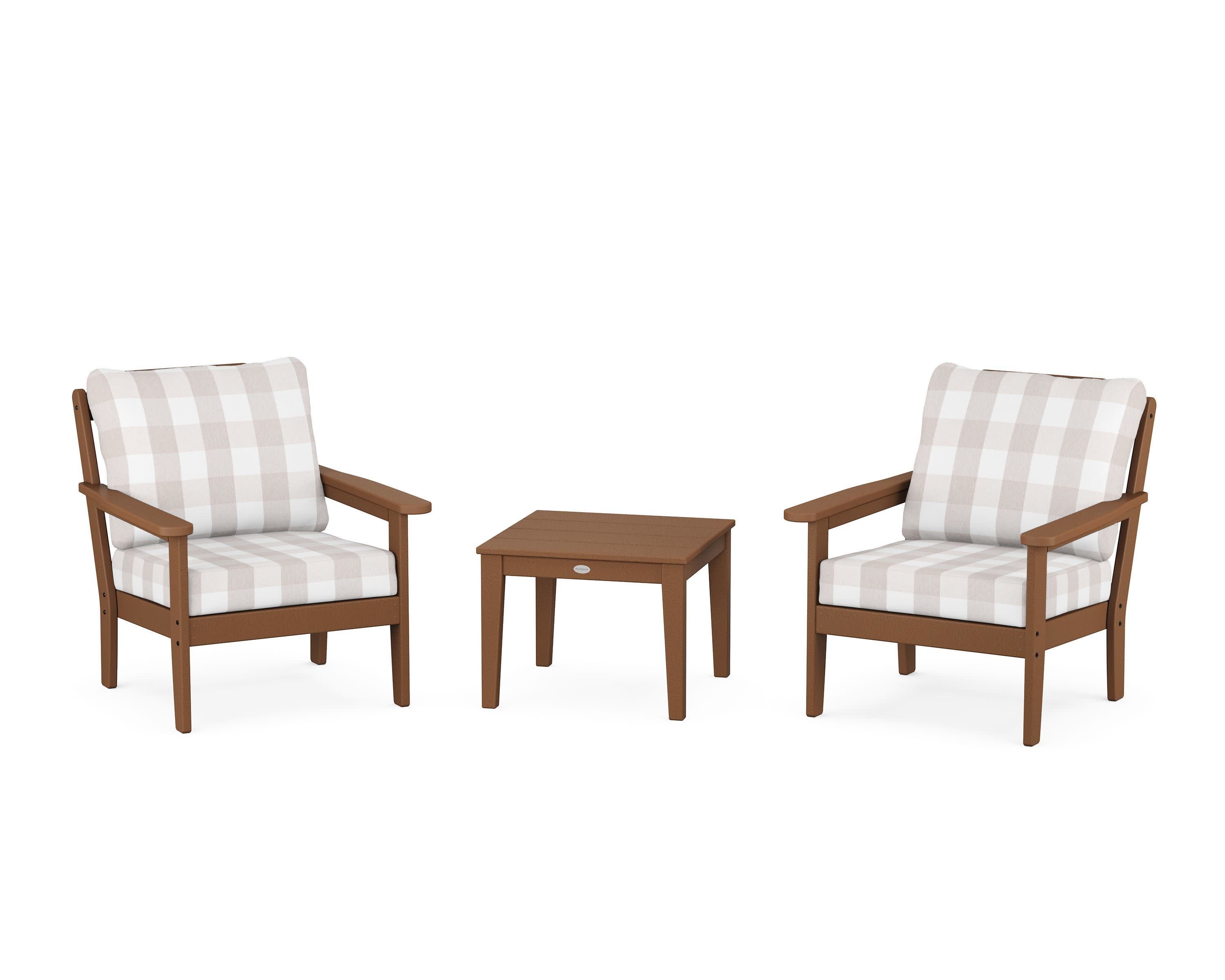Cottage 3-Piece Deep Seating Set in Teak / Buffalo Plaid Dune Burlap