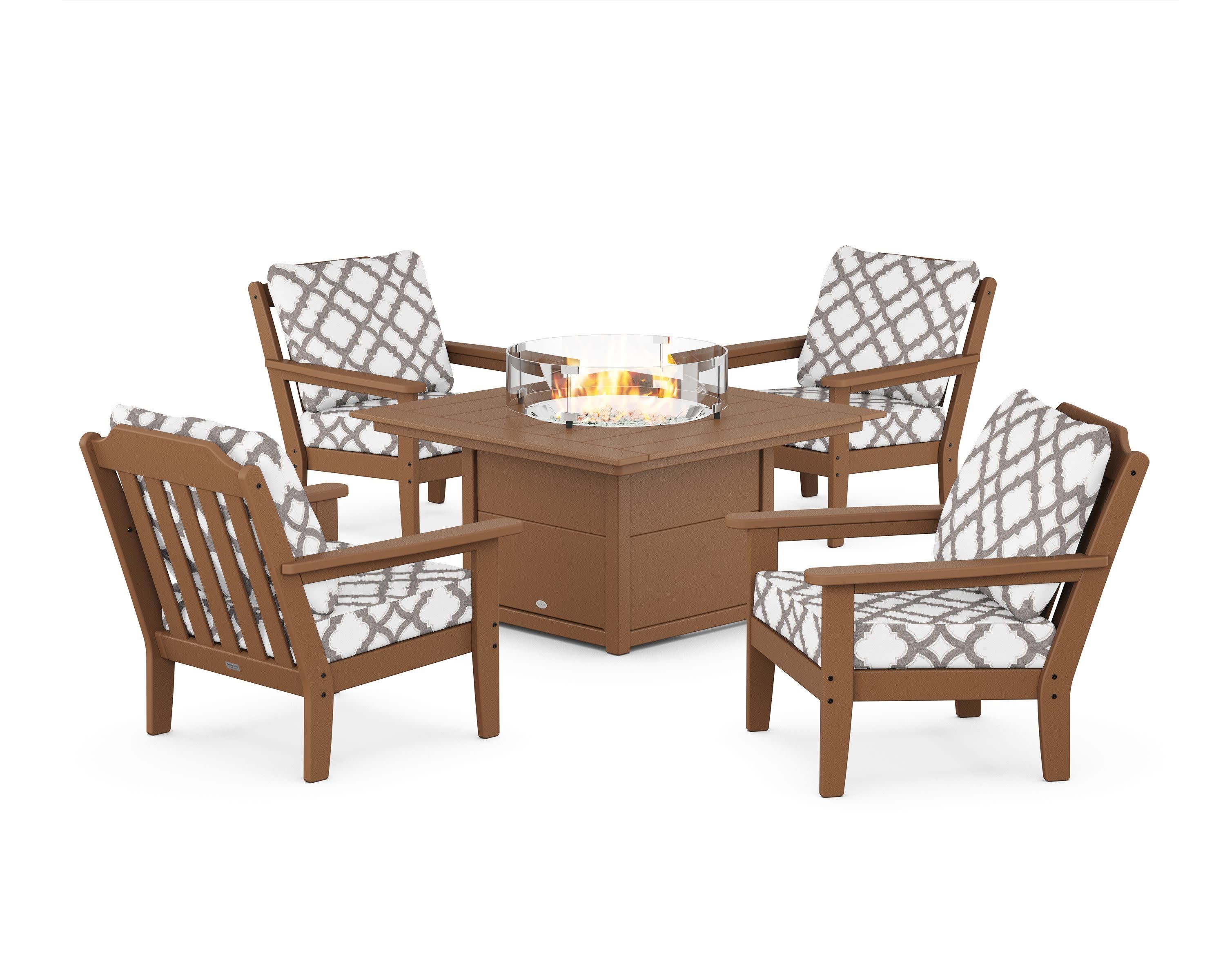 Cottage 5-Piece Deep Seating Set with Fire Pit Table in Teak / Trellis Grey Mist