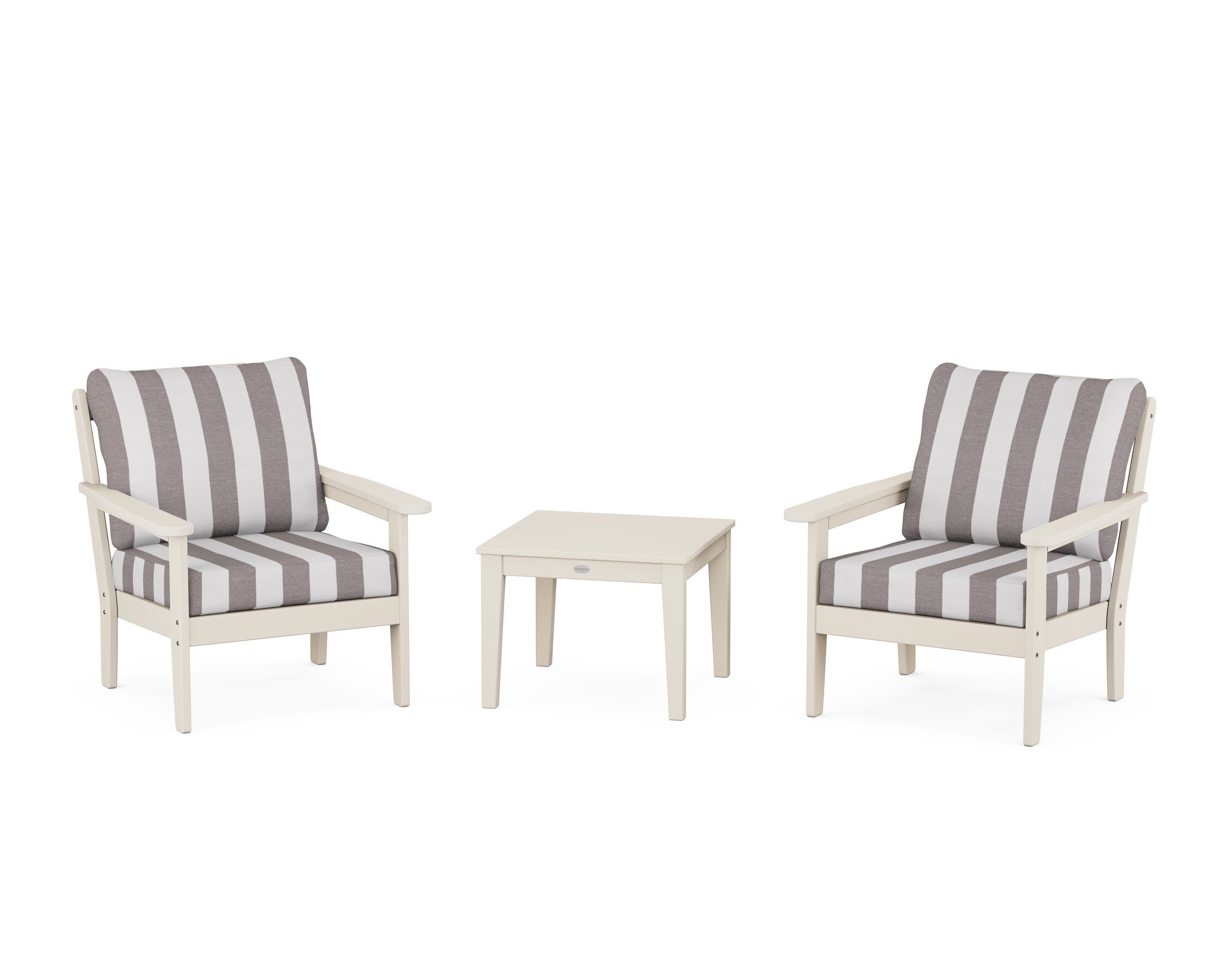 Cottage 3-Piece Deep Seating Set in Sand / Cabana Stripe Grey Mist