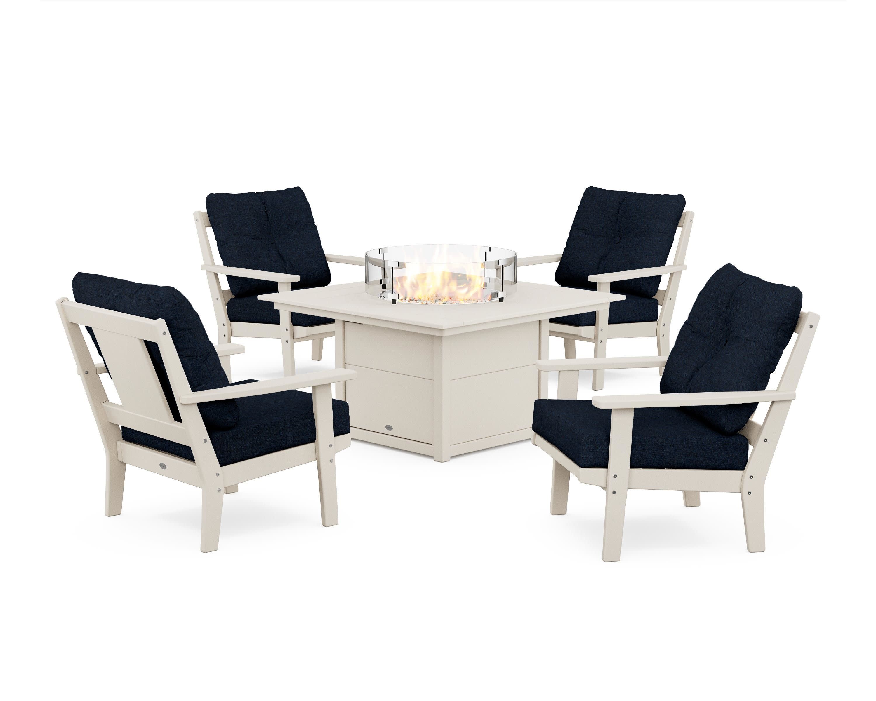 Prairie 5-Piece Deep Seating Set with Fire Pit Table in Sand / Marine Indigo