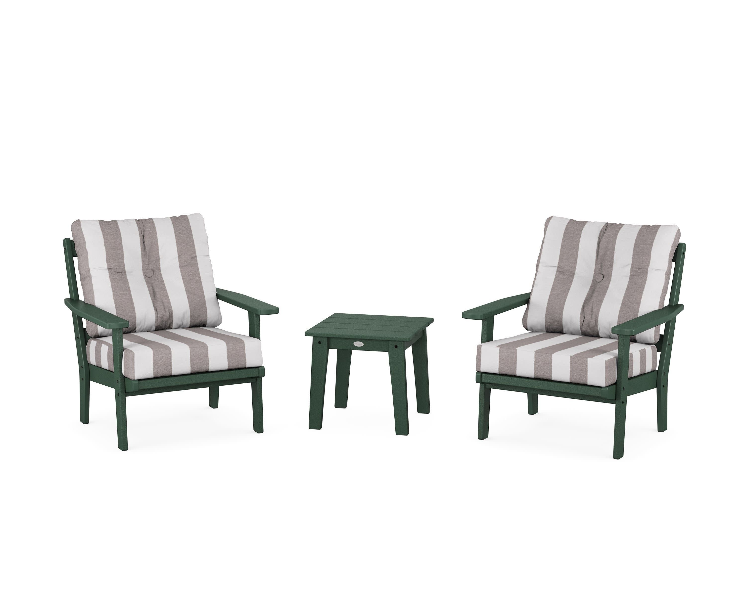 Prairie 3-Piece Deep Seating Set in Green / Cabana Stripe Grey Mist
