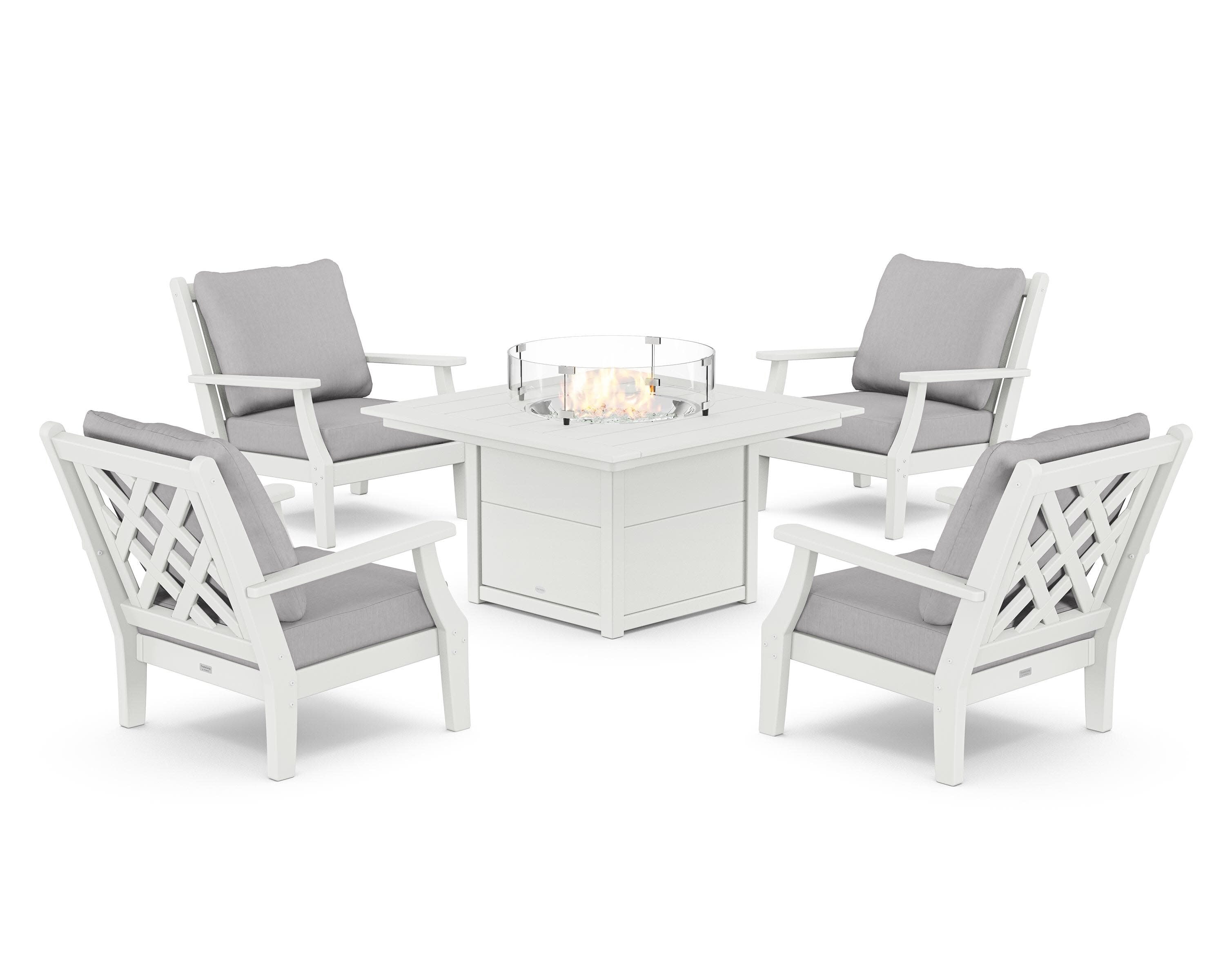 Wovendale 5-Piece Deep Seating Set with Fire Pit Table in White / Granite