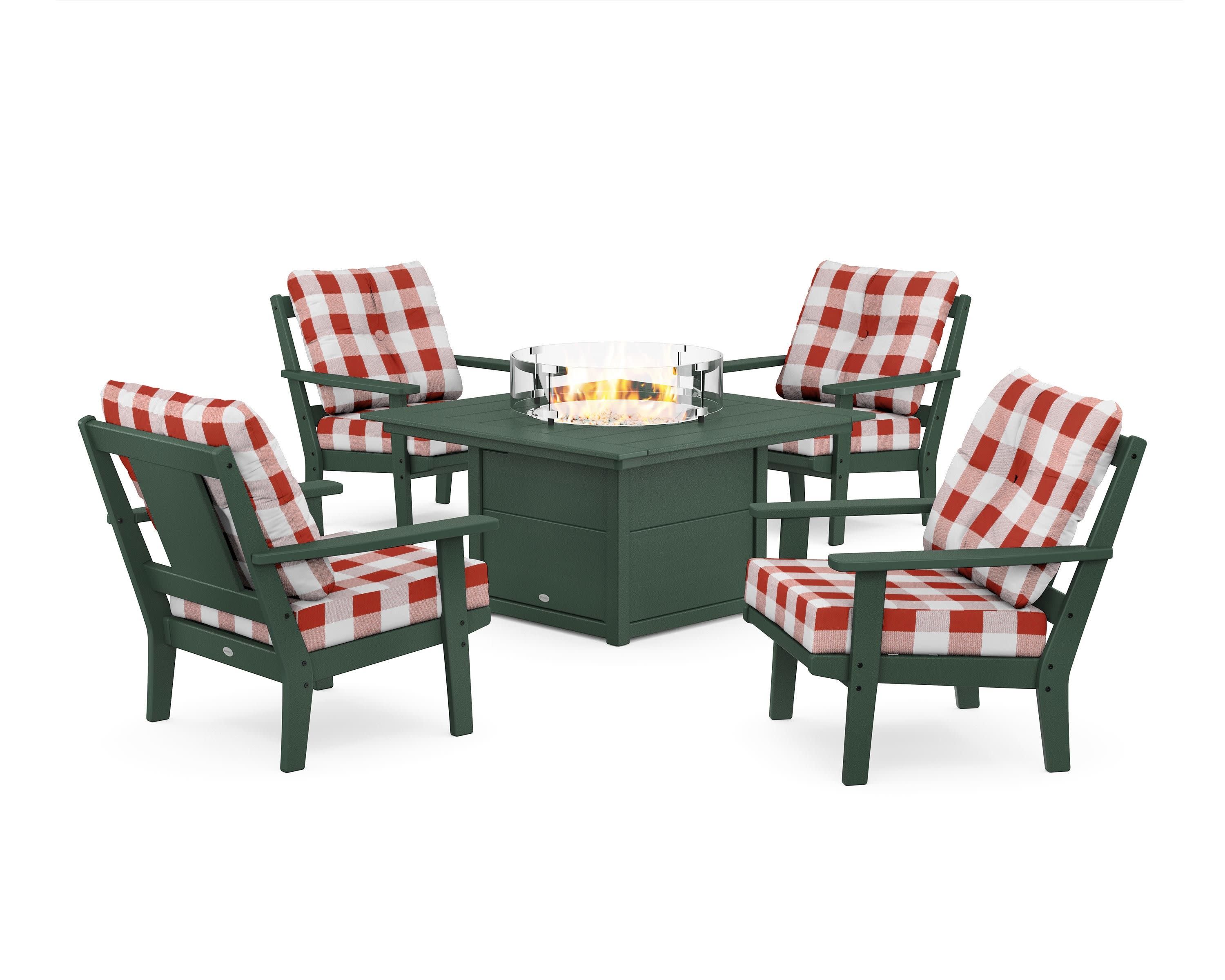 Prairie 5-Piece Deep Seating Set with Fire Pit Table in Green / Buffalo Plaid Crimson