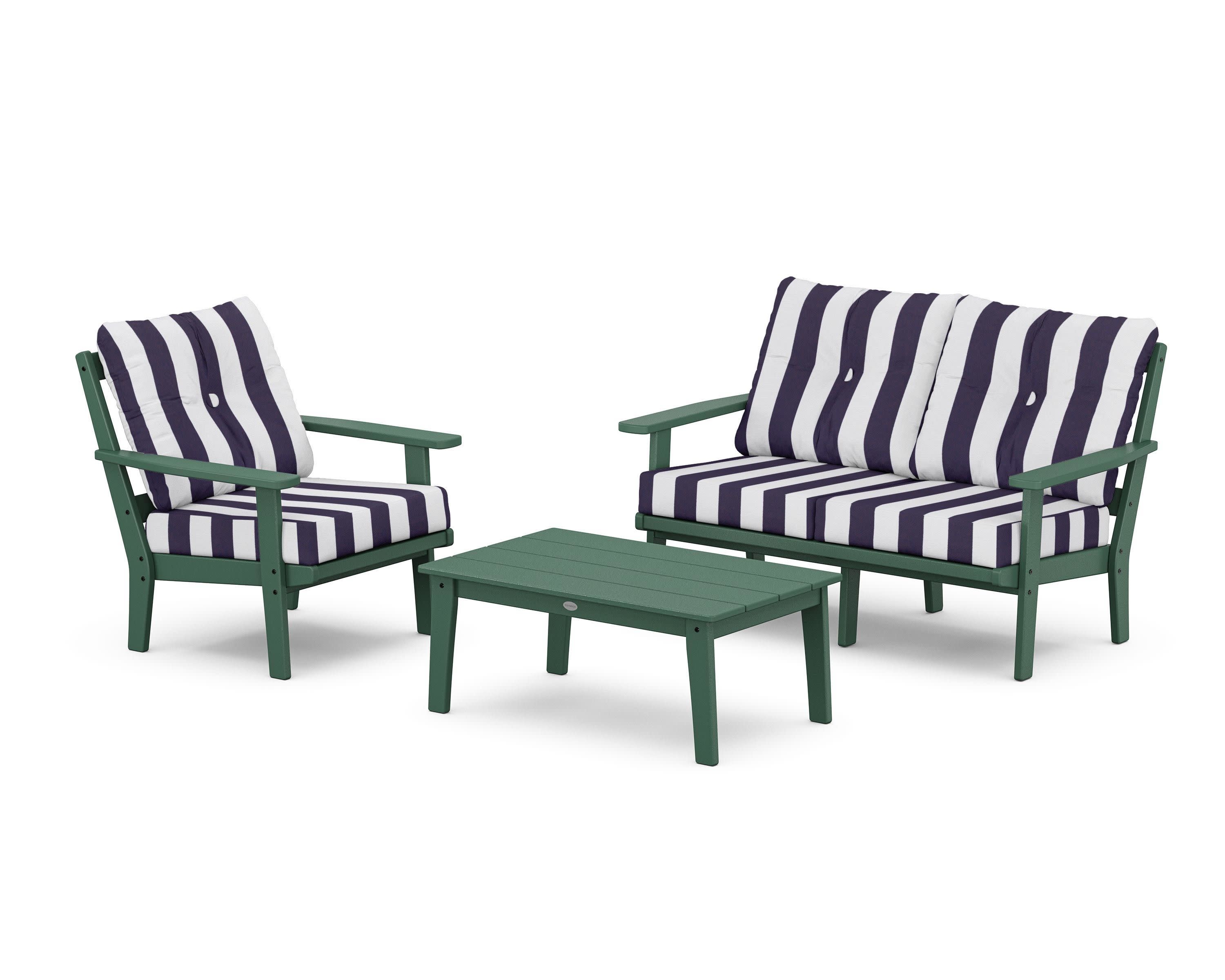 Prairie 3-Piece Deep Seating Set with Loveseat in Green / Cabana Stripe Navy