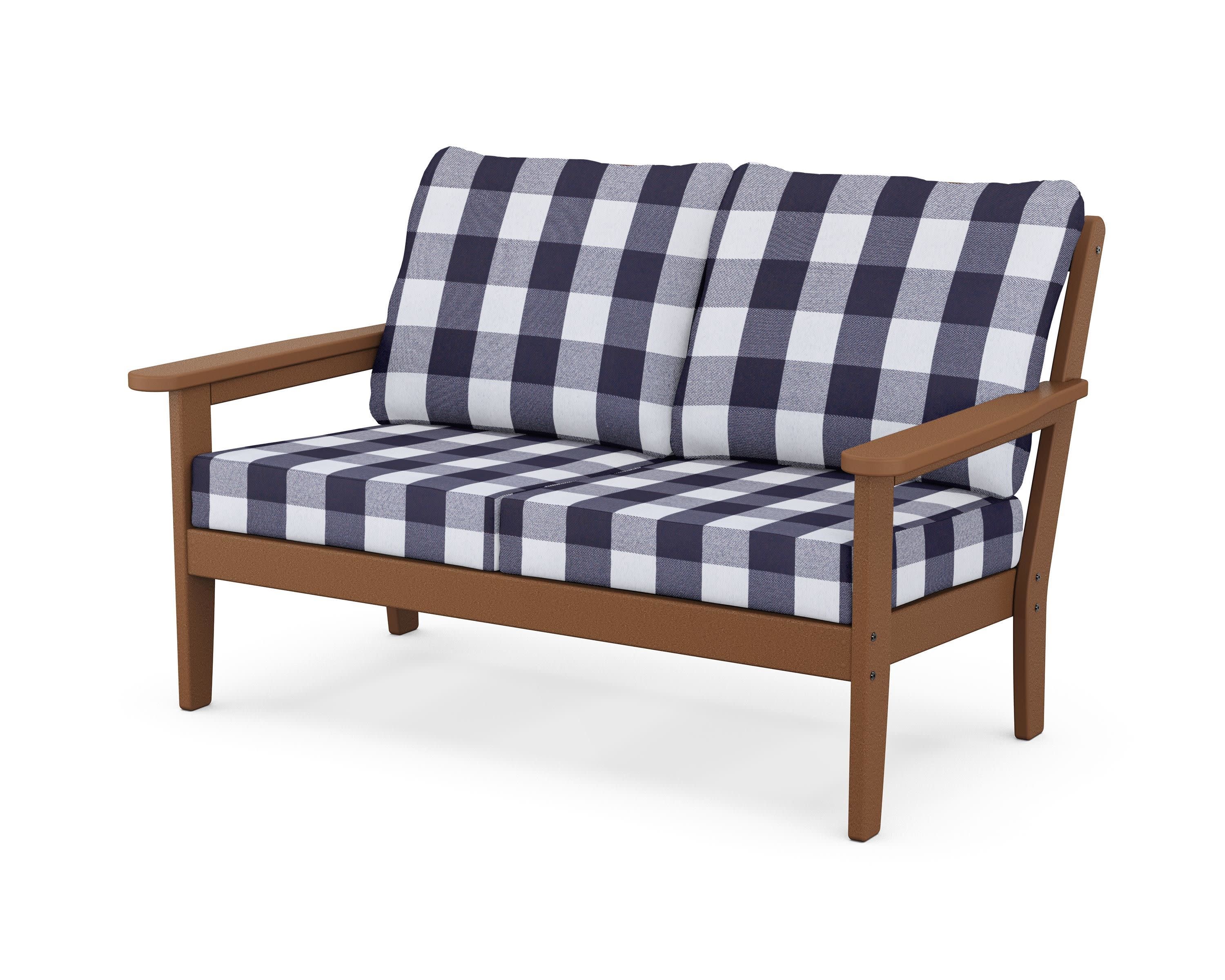 Cottage Deep Seating Loveseat in Teak / Buffalo Plaid Navy