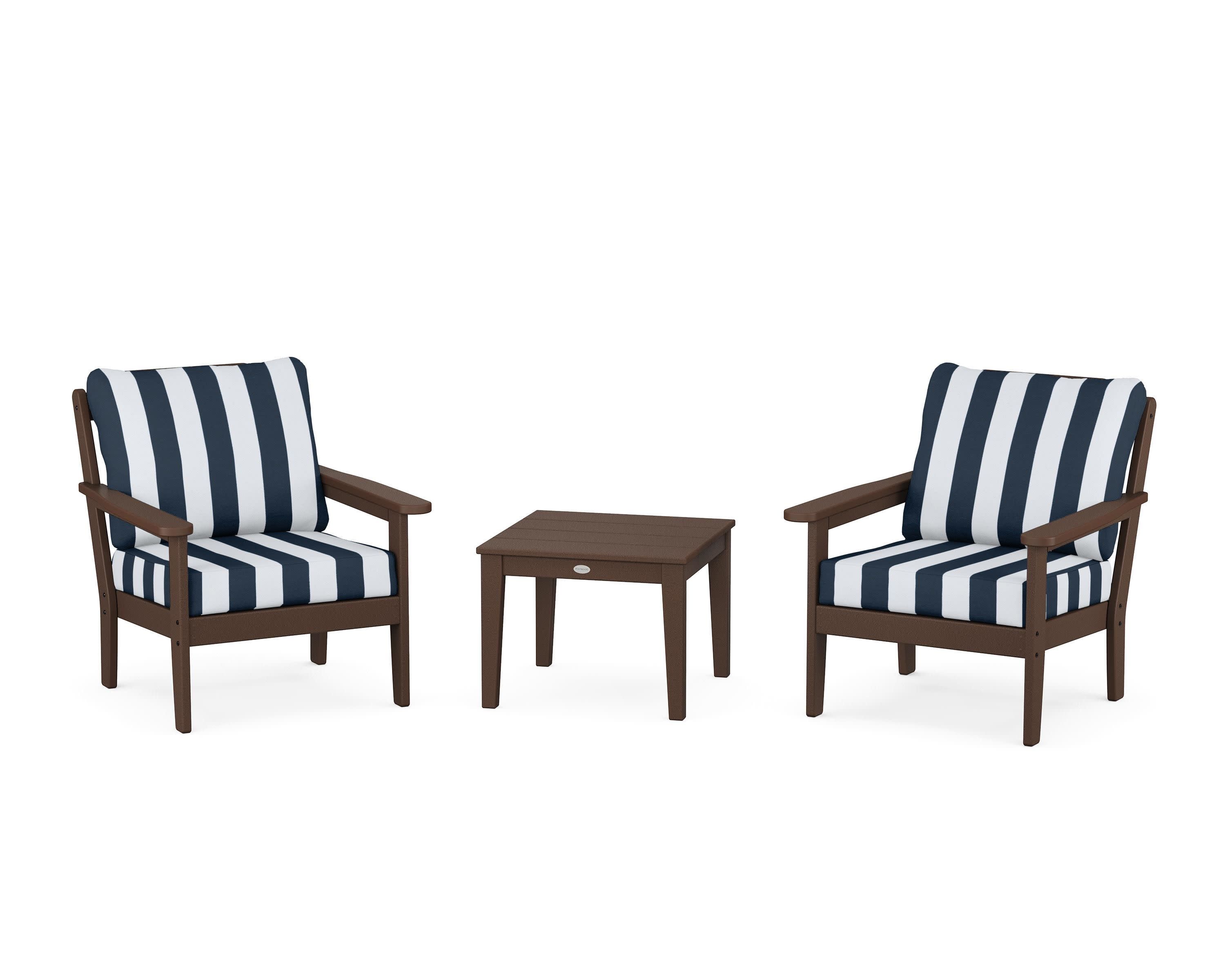 Cottage 3-Piece Deep Seating Set in Mahogany / Cabana Stripe Marine Indigo