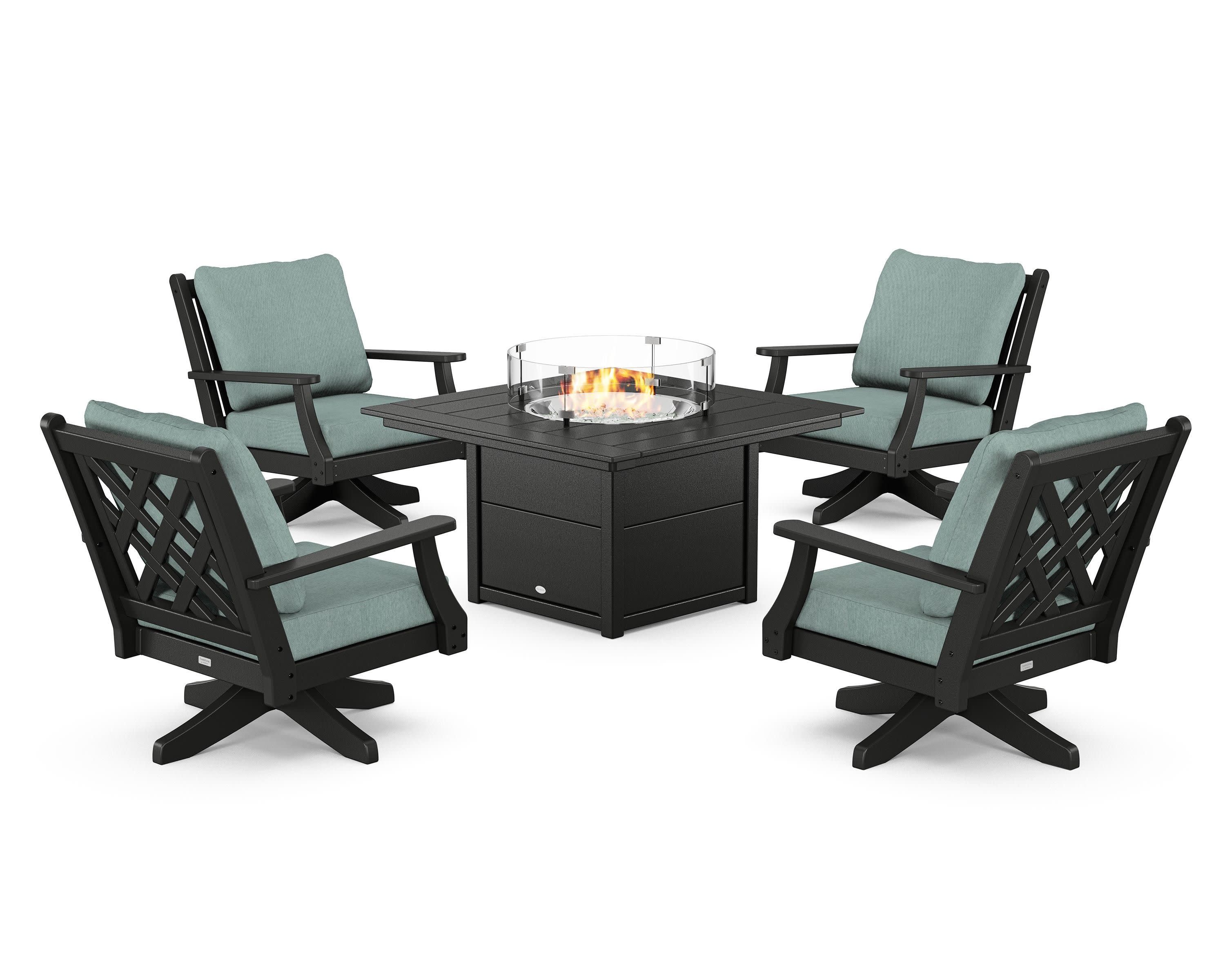 Wovendale 5-Piece Deep Seating Swivel Conversation Set with Fire Pit Table in Black / Glacier Spa