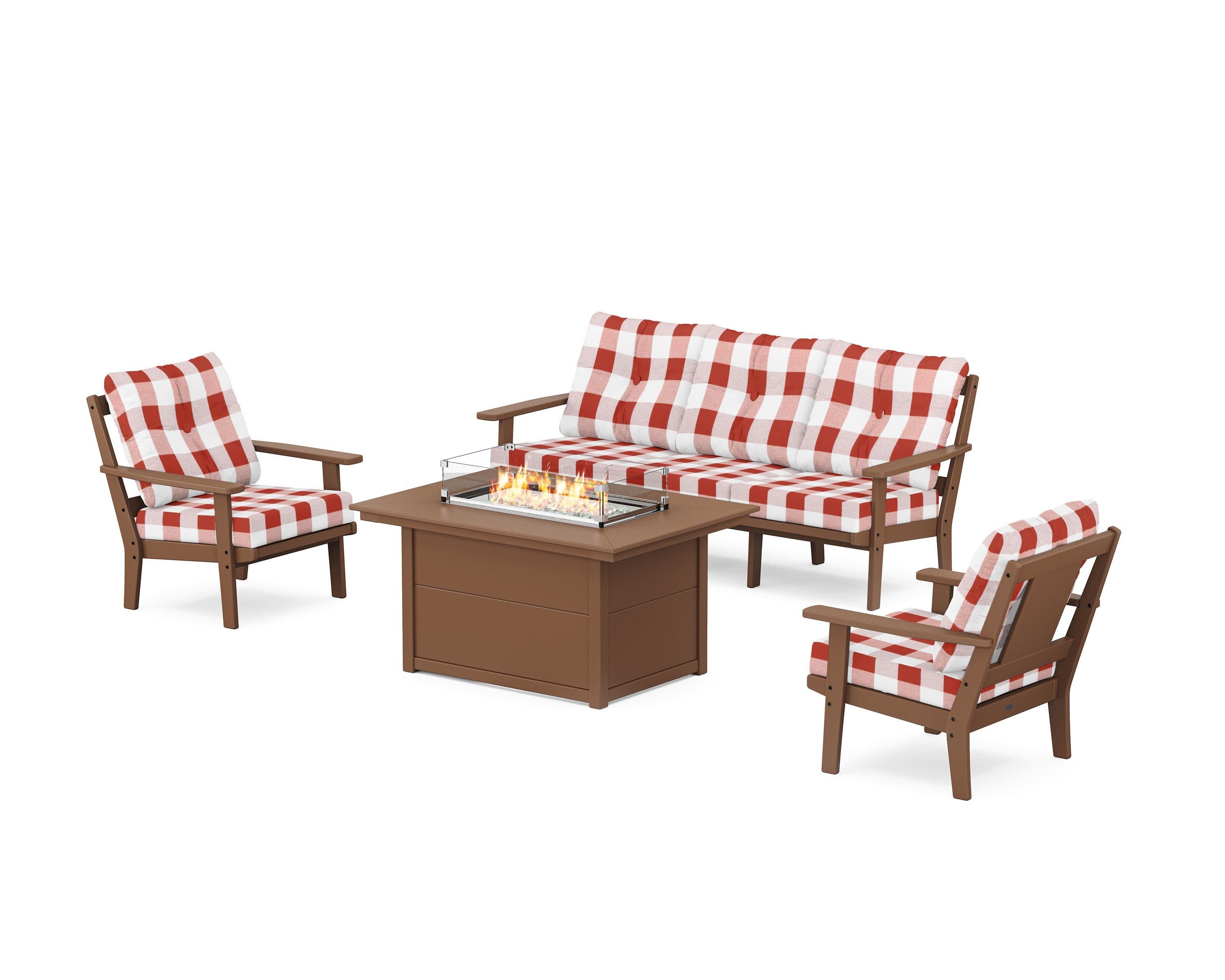 Prairie Deep Seating Fire Pit Table Set in Teak / Buffalo Plaid Crimson