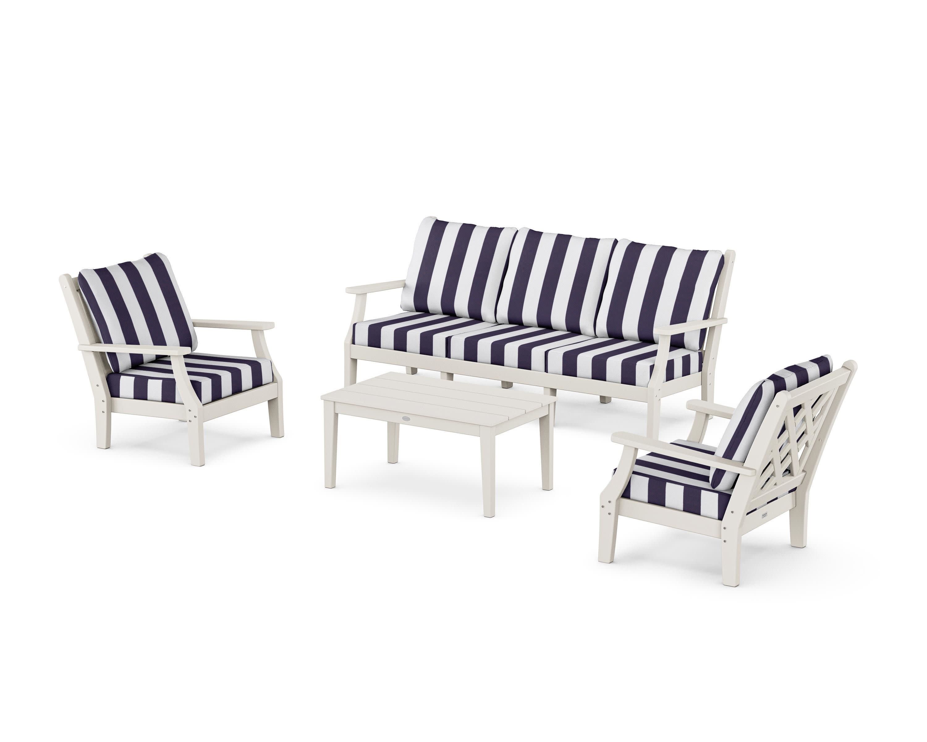 Wovendale 4-Piece Deep Seating Set with Sofa in Sand / Cabana Stripe Navy