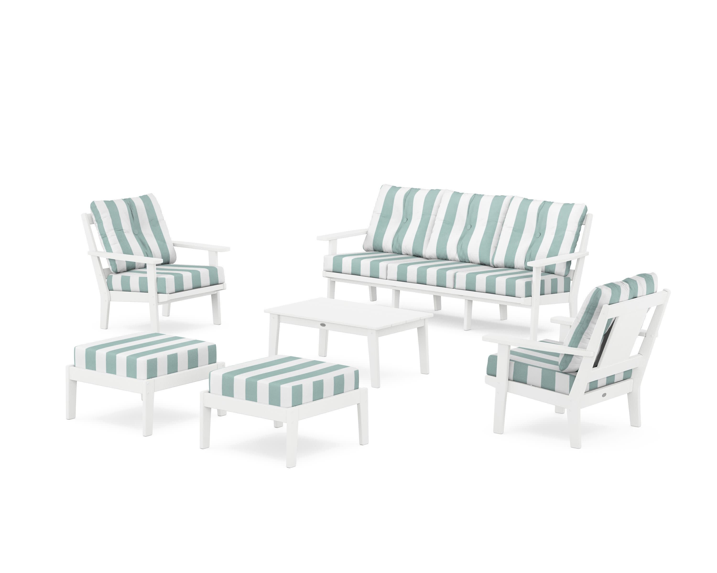 Prairie 6-Piece Lounge Sofa Set in White / Cabana Stripe Glacier Spa