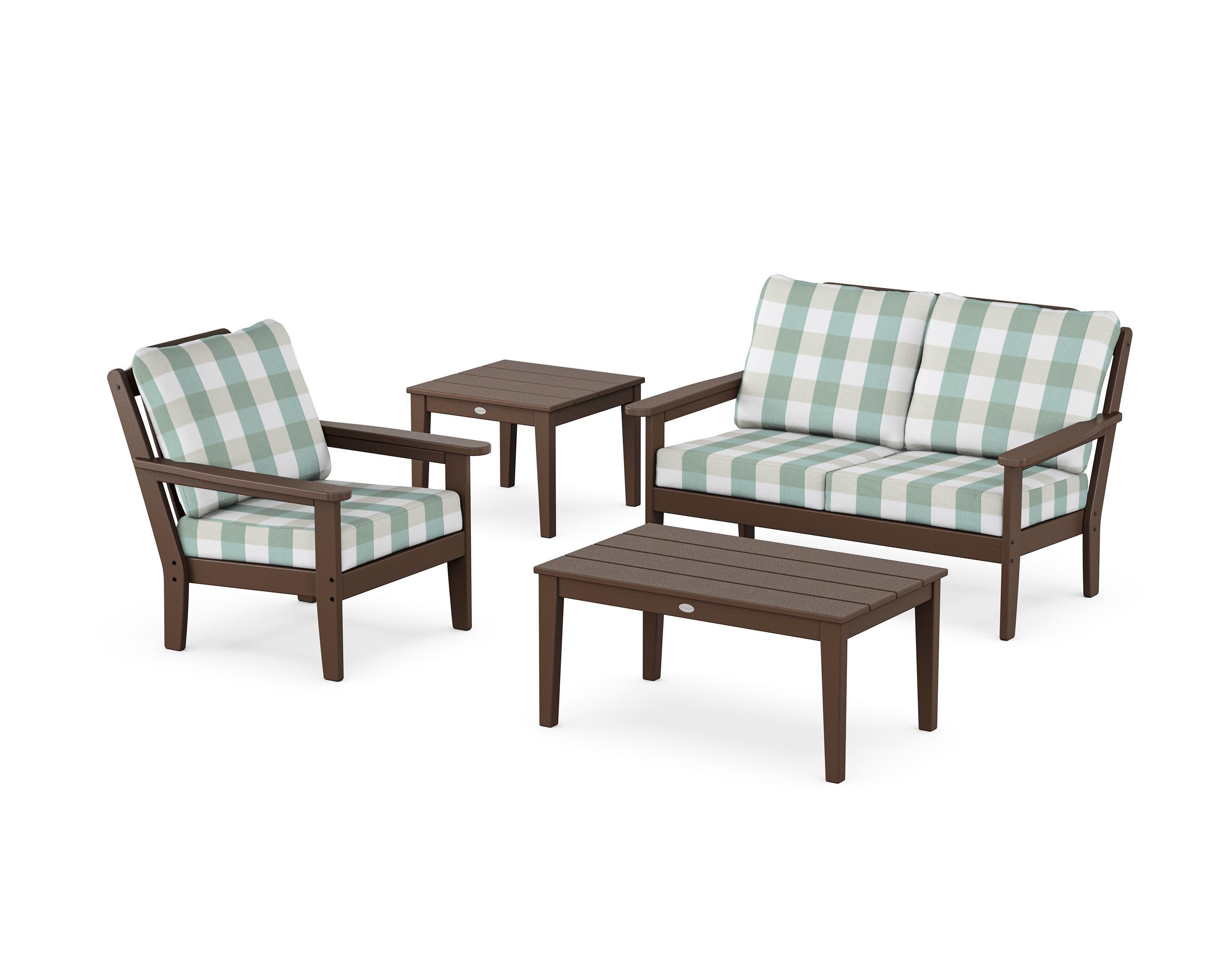 Wovendale 4-Piece Deep Seating Set in Mahogany / Buffalo Plaid Glacier Spa