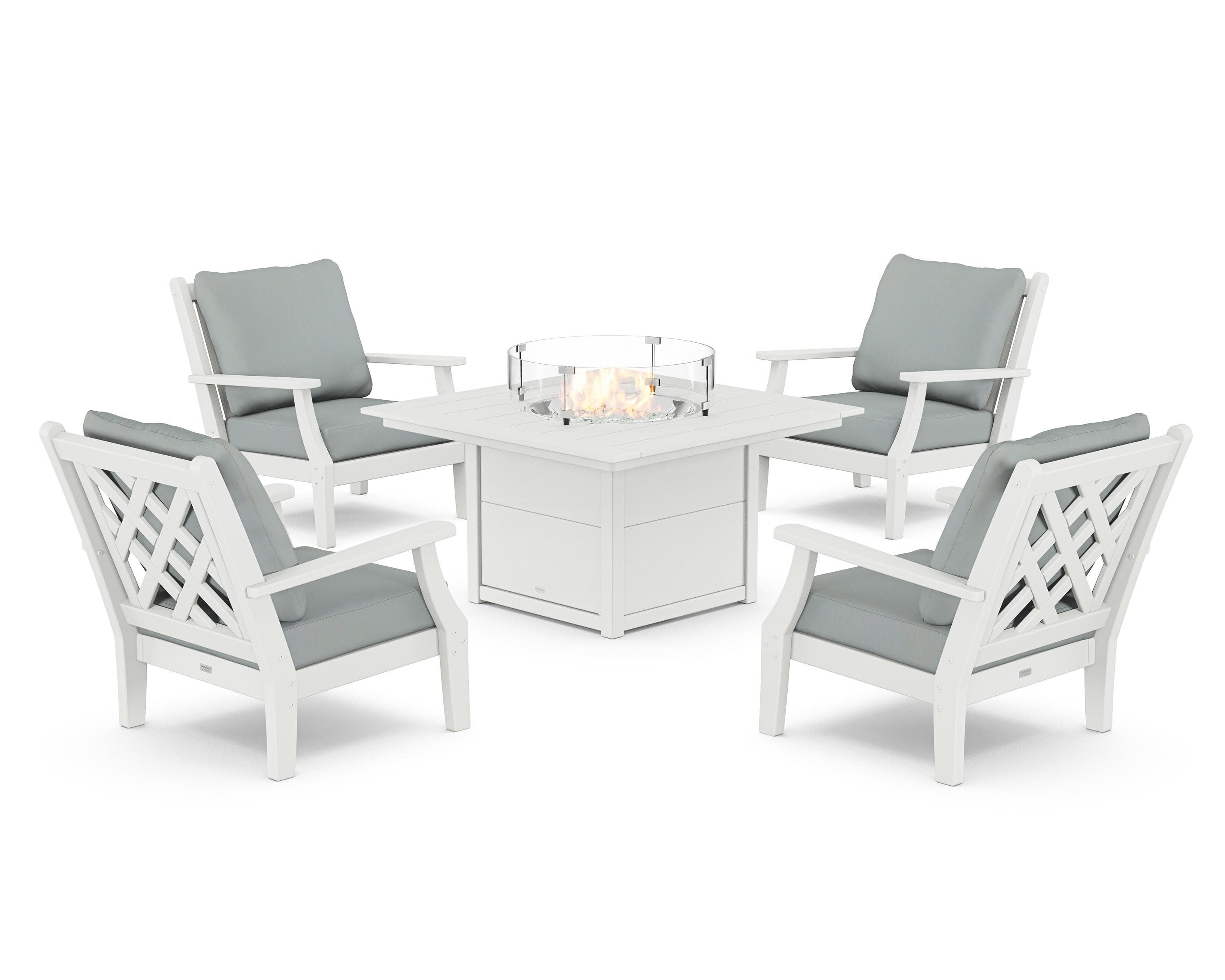 Wovendale 5-Piece Deep Seating Set with Fire Pit Table in White / Spa