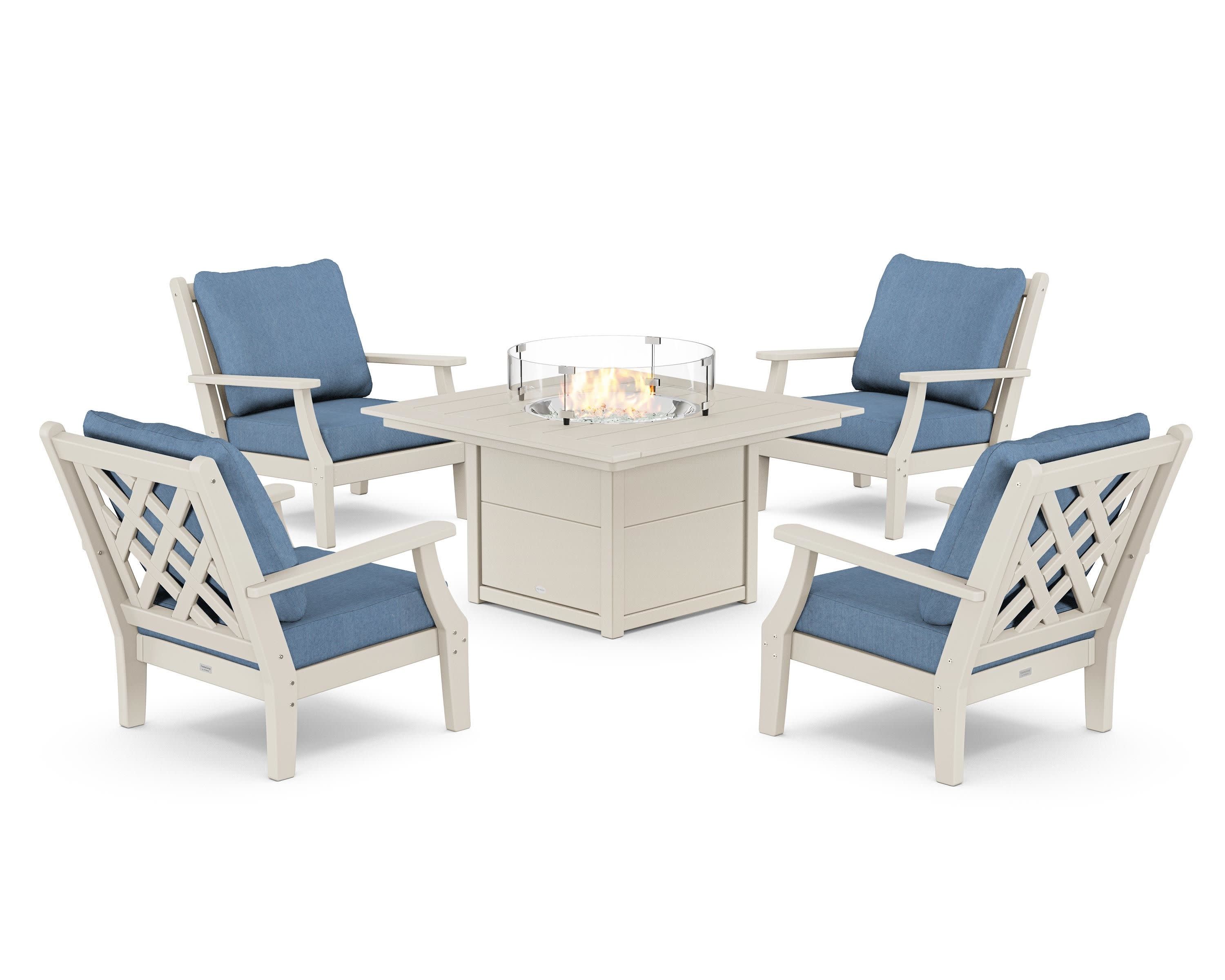 Wovendale 5-Piece Deep Seating Set with Fire Pit Table in Sand / Sky Blue