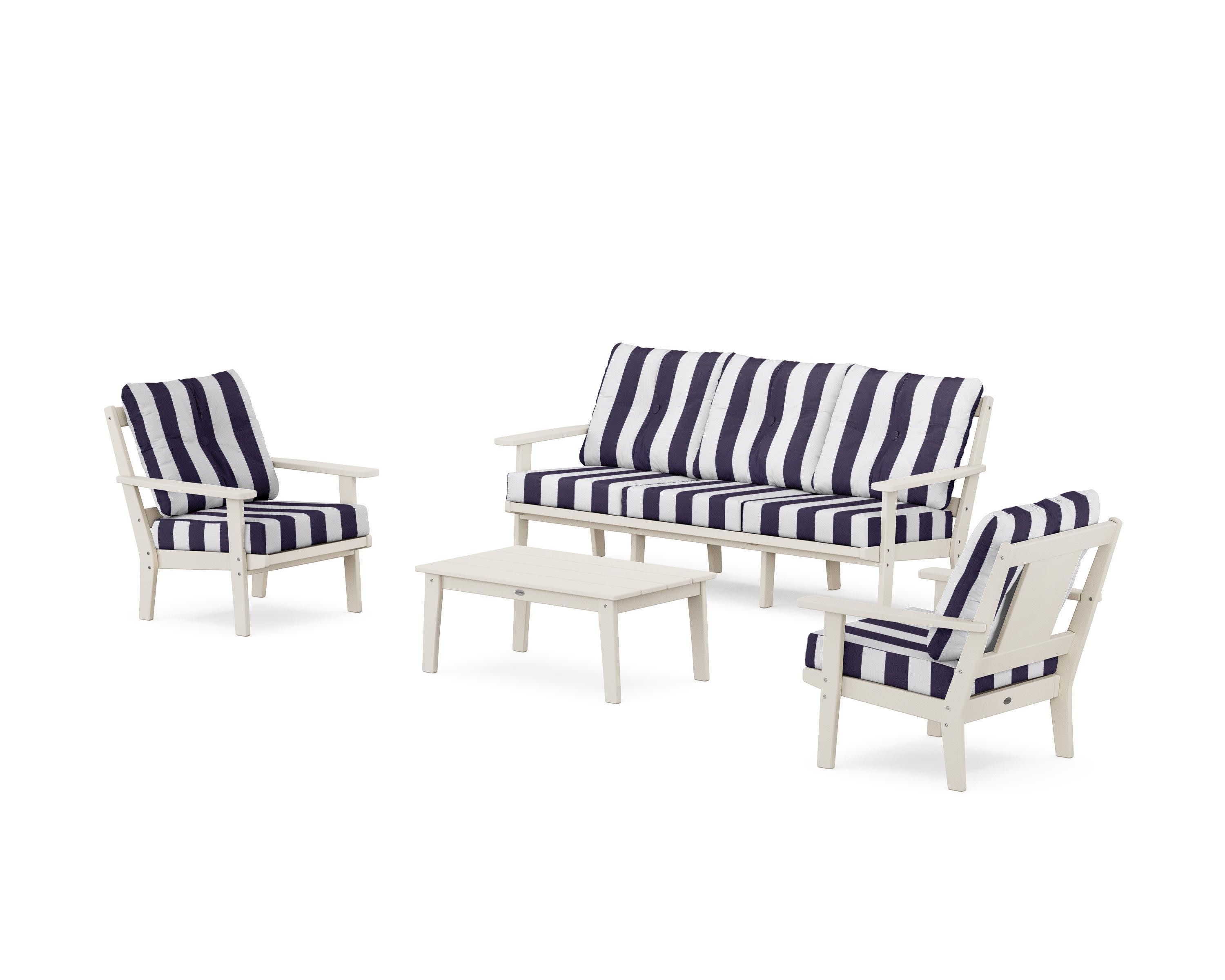 Prairie 4-Piece Deep Seating Set with Sofa in Sand / Cabana Stripe Navy