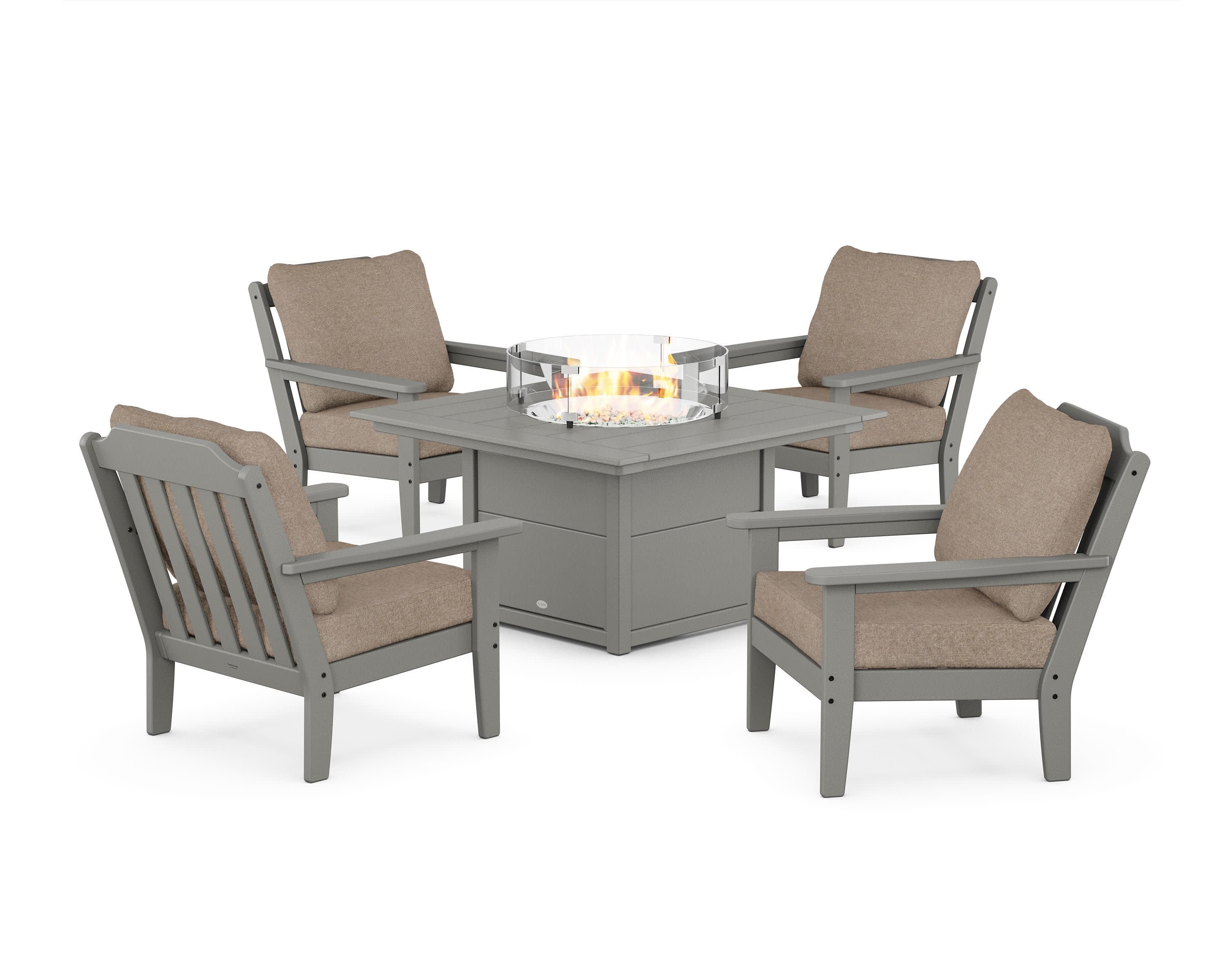 Cottage 5-Piece Deep Seating Set with Fire Pit Table in Slate Grey / Spiced Burlap