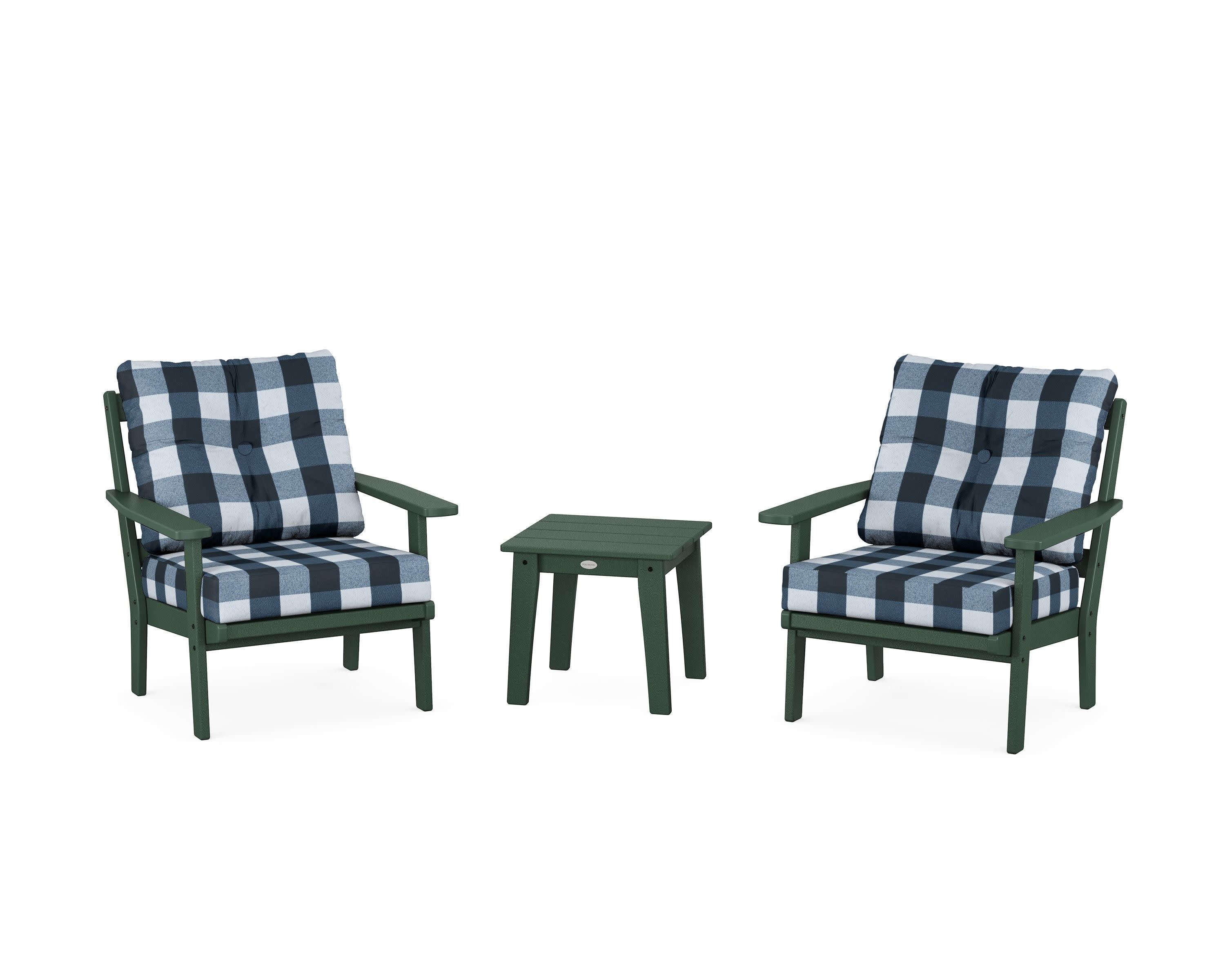 Prairie 3-Piece Deep Seating Set in Green / Buffalo Plaid Marine Indigo