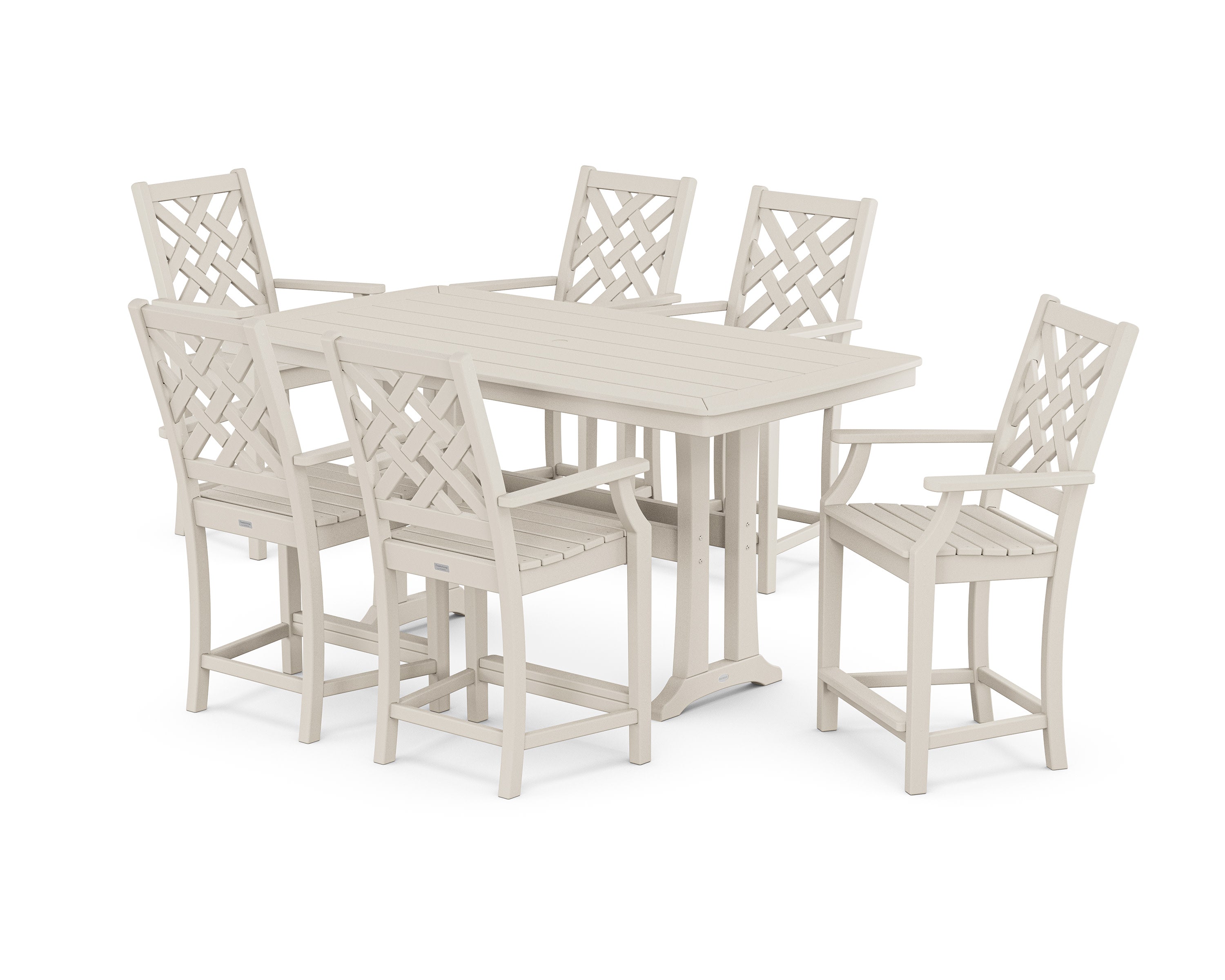 Wovendale Arm Chair 7-Piece Counter Set with Trestle Legs in Sand