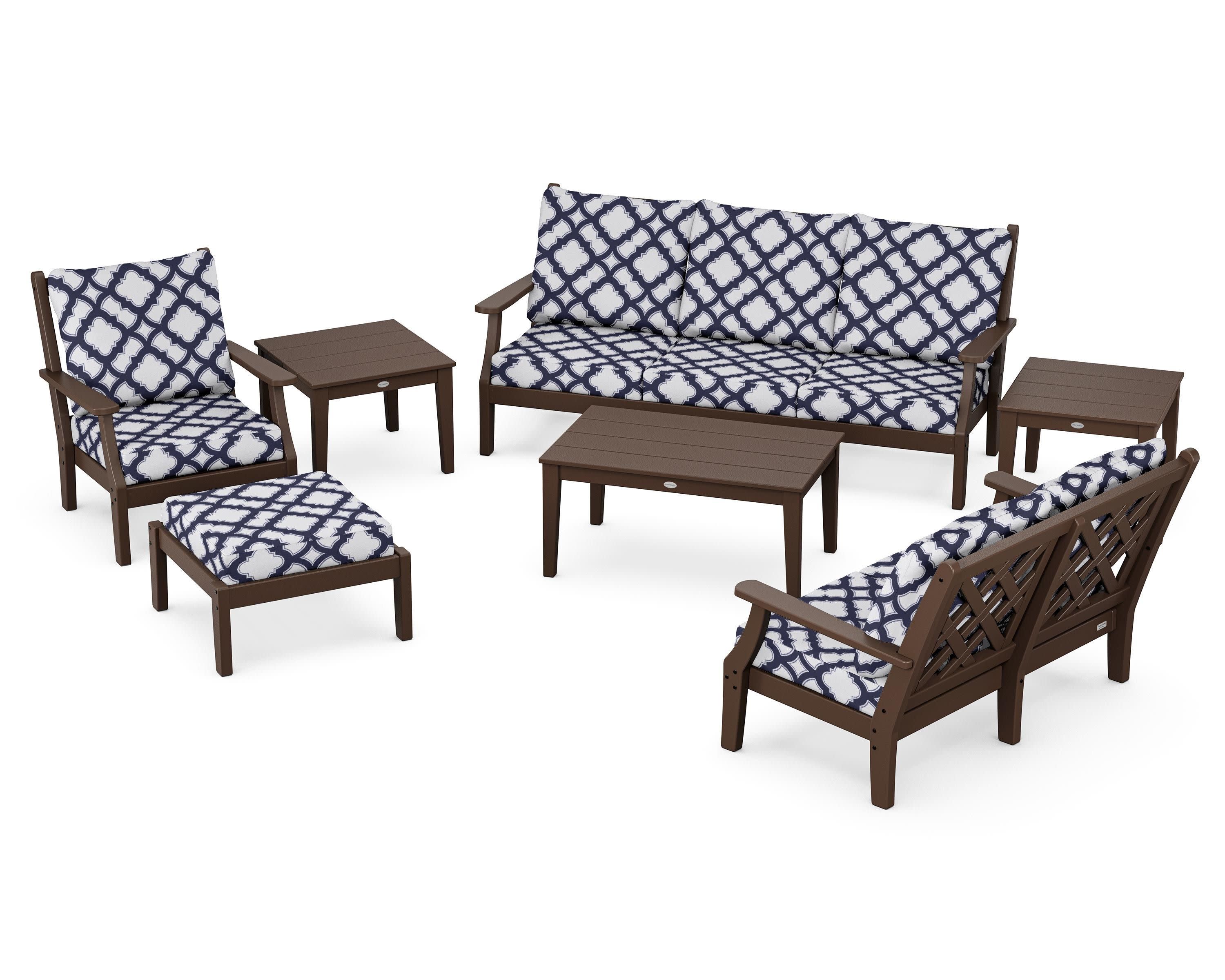 Wovendale 7-Piece Deep Seating Set in Mahogany / Trellis Navy