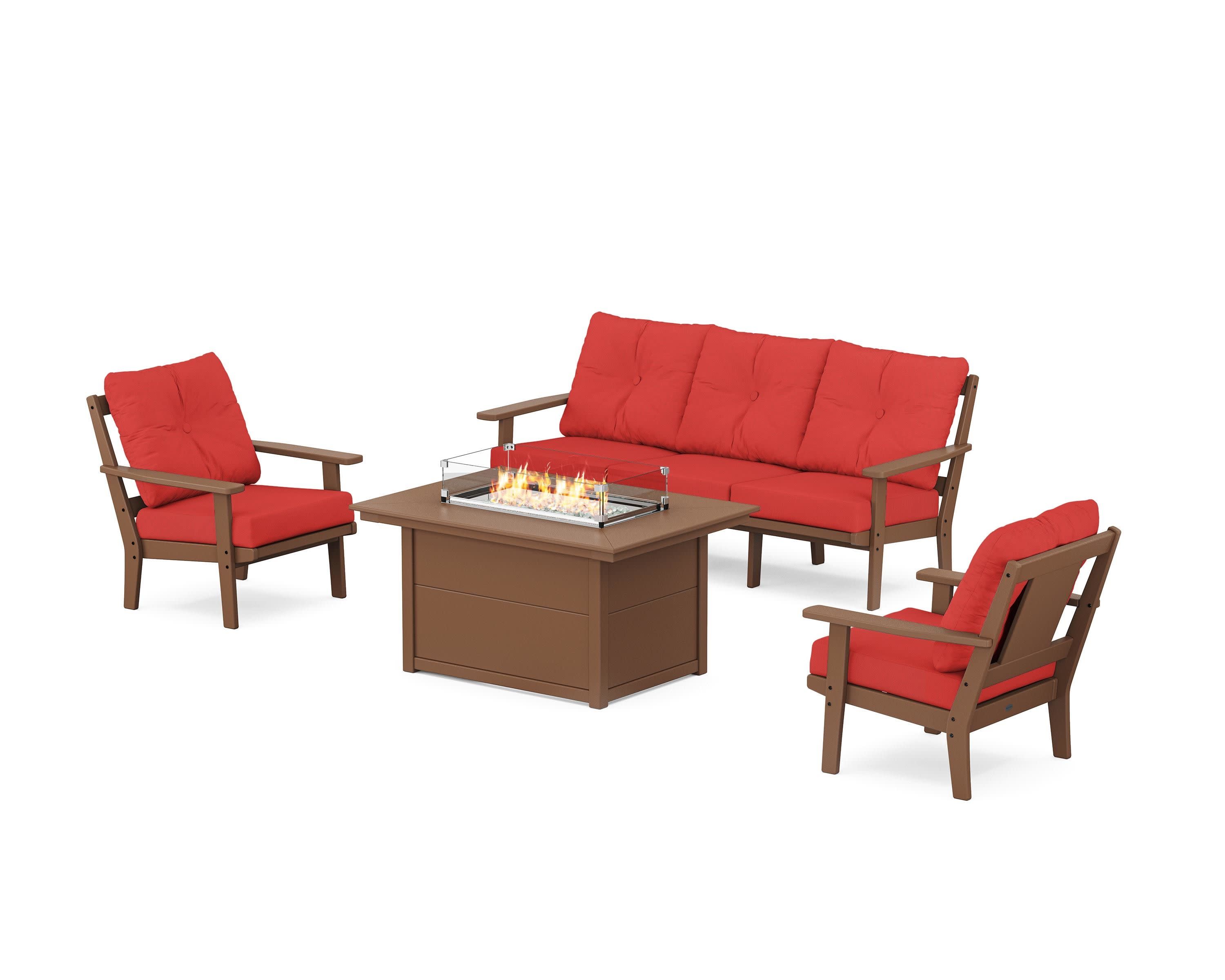 Prairie Deep Seating Fire Pit Table Set in Teak / Crimson Linen