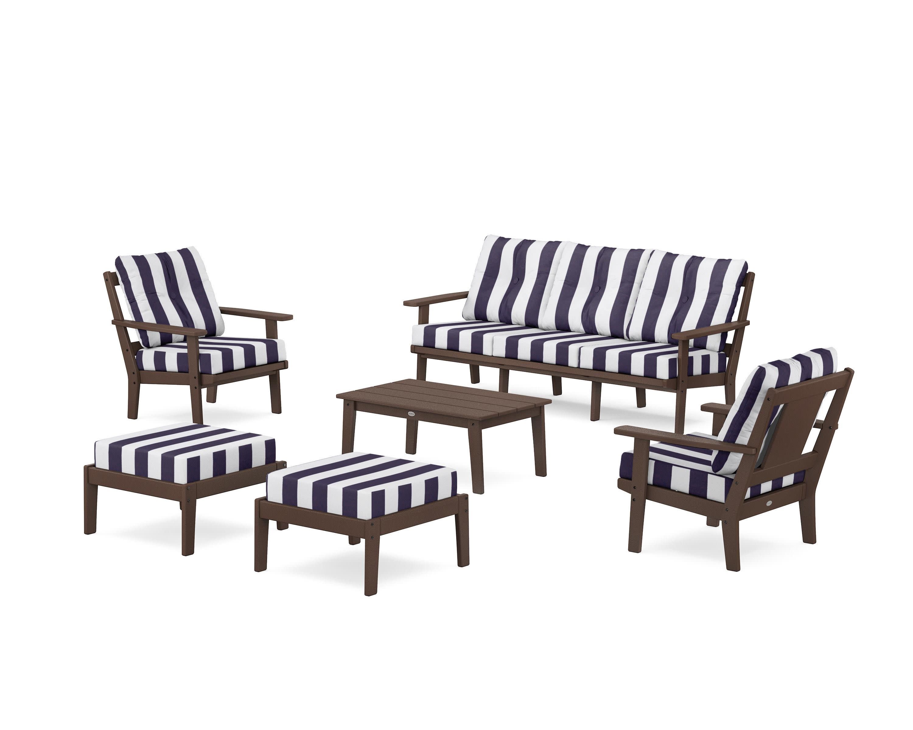 Prairie 6-Piece Lounge Sofa Set in Mahogany / Cabana Stripe Navy