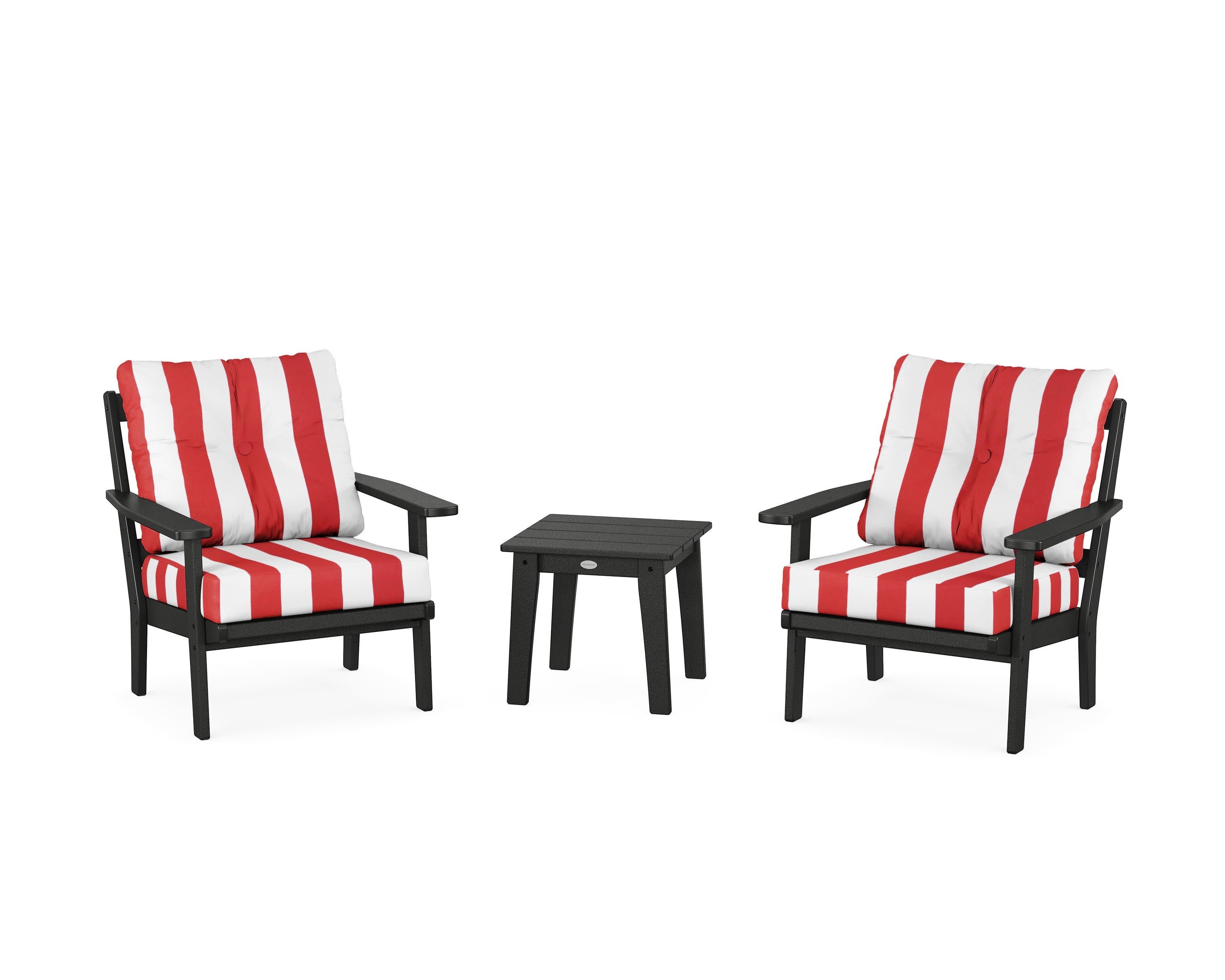 Prairie 3-Piece Deep Seating Set in Black / Cabana Stripe Crimson