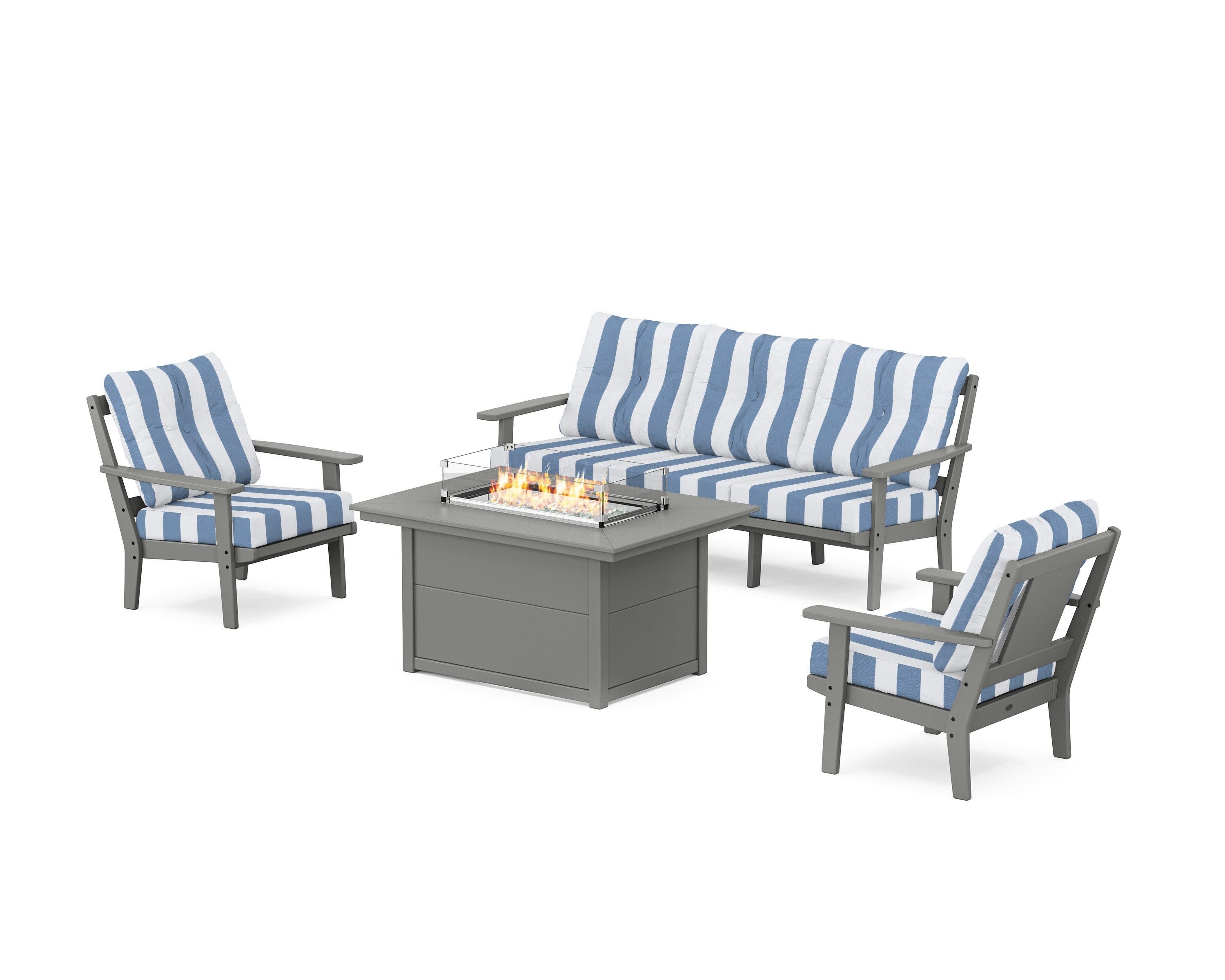 Prairie Deep Seating Fire Pit Table Set in Slate Grey / Cabana Stripe Sky Blue