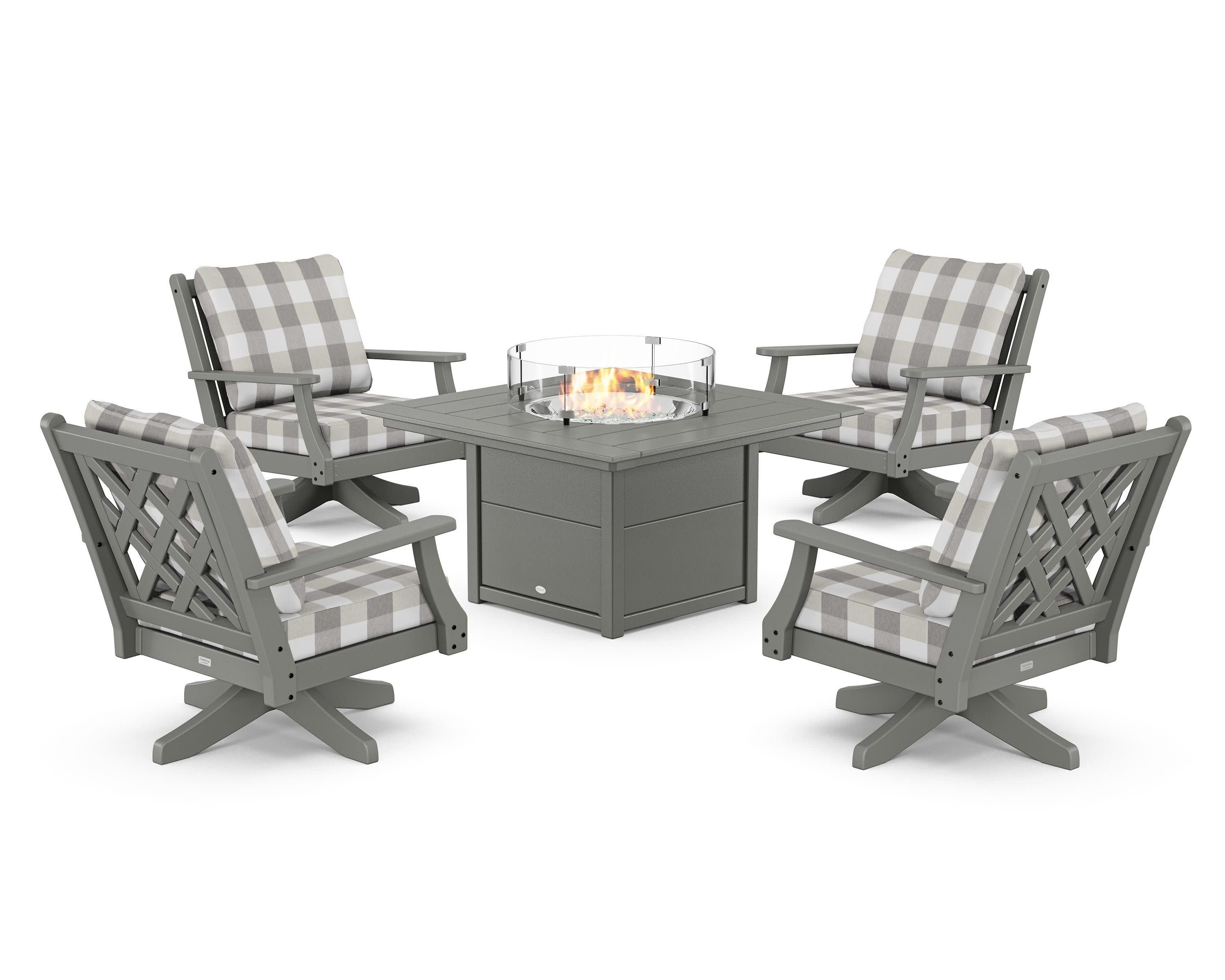 Wovendale 5-Piece Deep Seating Swivel Conversation Set with Fire Pit Table in Slate Grey / Buffalo Plaid Grey Mist