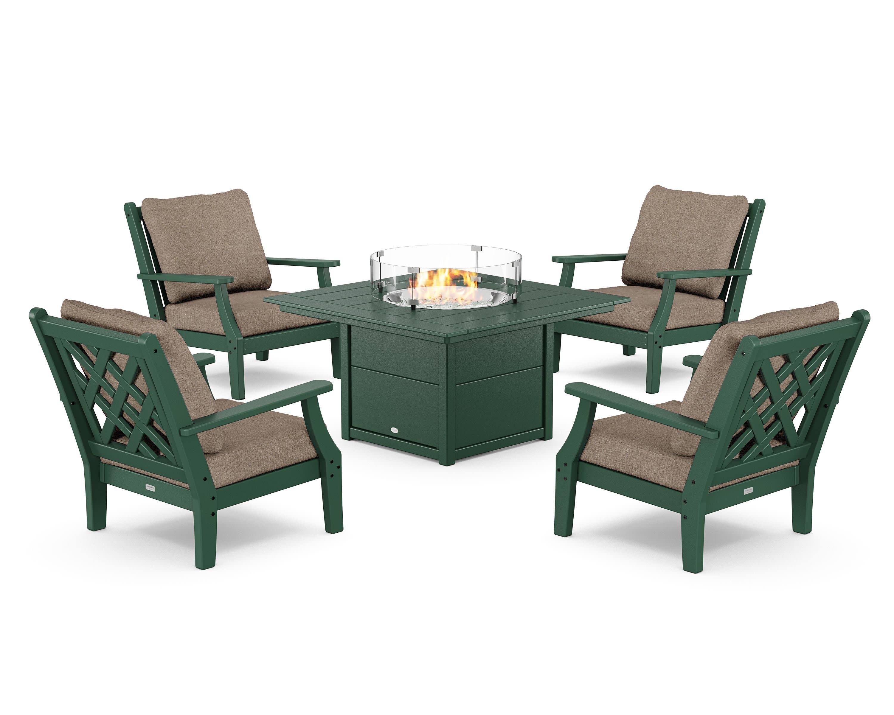 Wovendale 5-Piece Deep Seating Set with Fire Pit Table in Green / Spiced Burlap